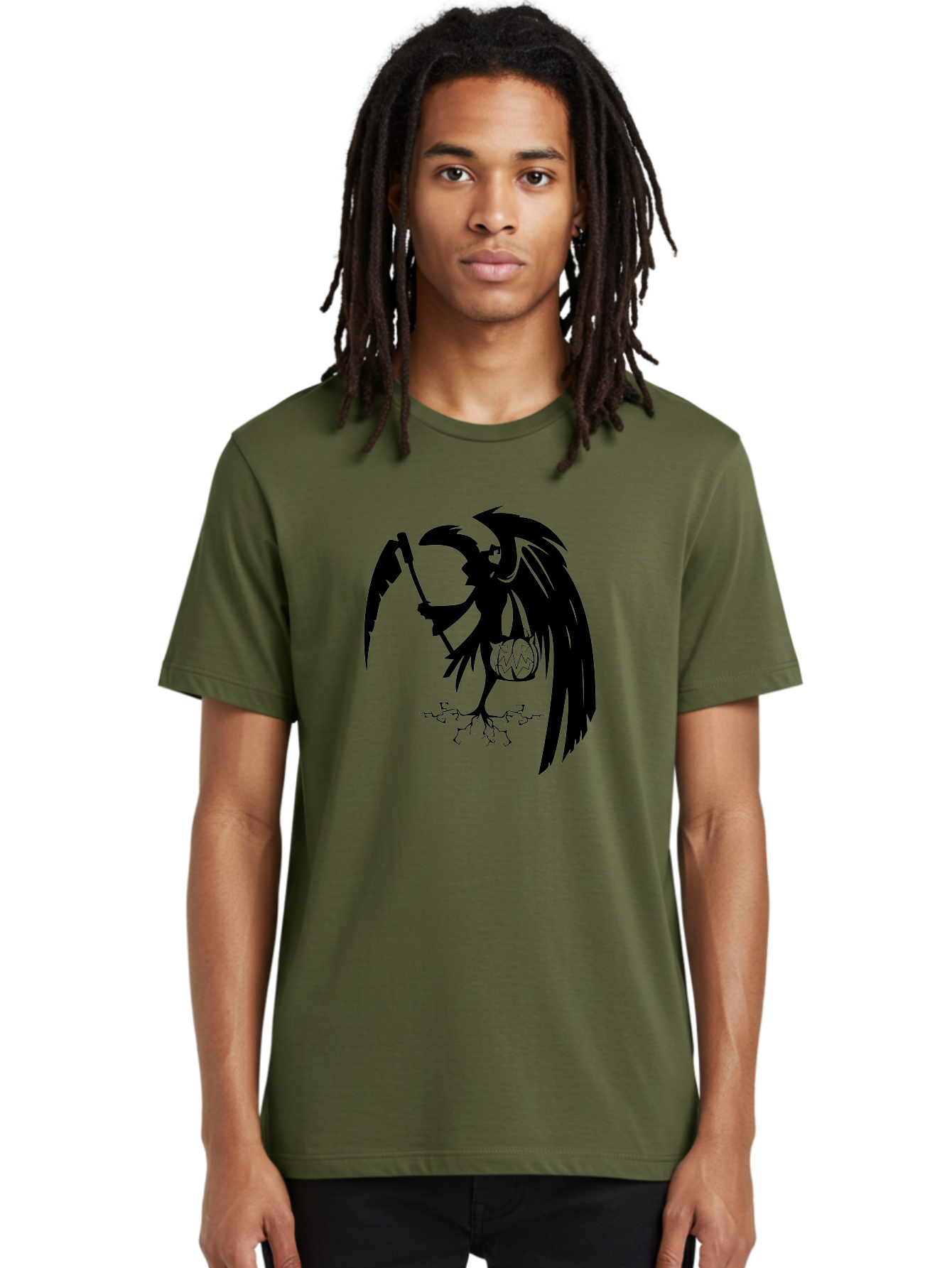 Crow-Grim-Reaper Men'S Graphic Tee, 100% Cotton, Comfortable Casual Summer Wear, Machine Washable, Bird With Scythe, Surreal Imagery, Abstract Art, Dark Symbolism, Mysterious Creature, Winged Figure, Eerie Atmosphere, Fantasy Illustration Aab210 28