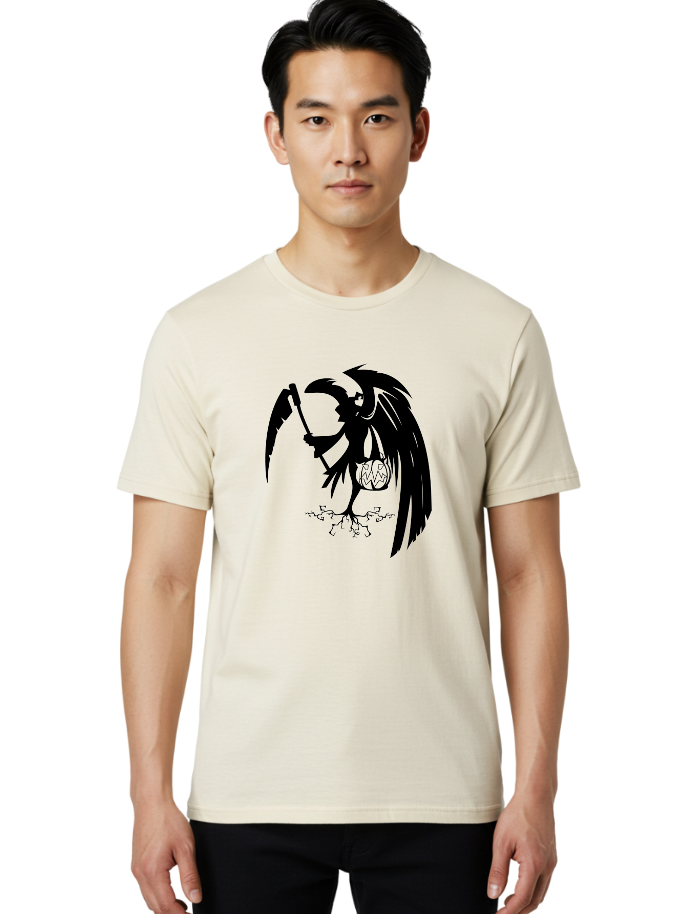 Crow-Grim-Reaper Men'S Graphic Tee, 100% Cotton, Comfortable Casual Summer Wear, Machine Washable, Bird With Scythe, Surreal Imagery, Abstract Art, Dark Symbolism, Mysterious Creature, Winged Figure, Eerie Atmosphere, Fantasy Illustration Aab210 30
