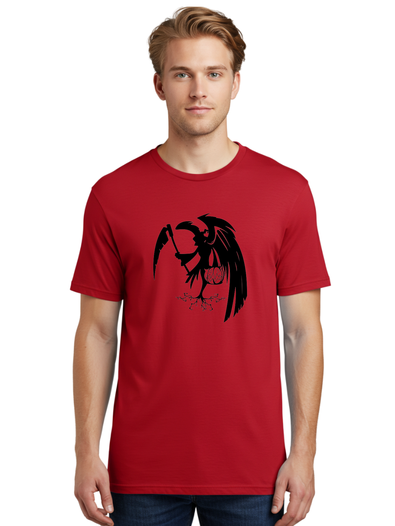 Crow-Grim-Reaper Men'S Graphic Tee, 100% Cotton, Comfortable Casual Summer Wear, Machine Washable, Bird With Scythe, Surreal Imagery, Abstract Art, Dark Symbolism, Mysterious Creature, Winged Figure, Eerie Atmosphere, Fantasy Illustration Aab210 14