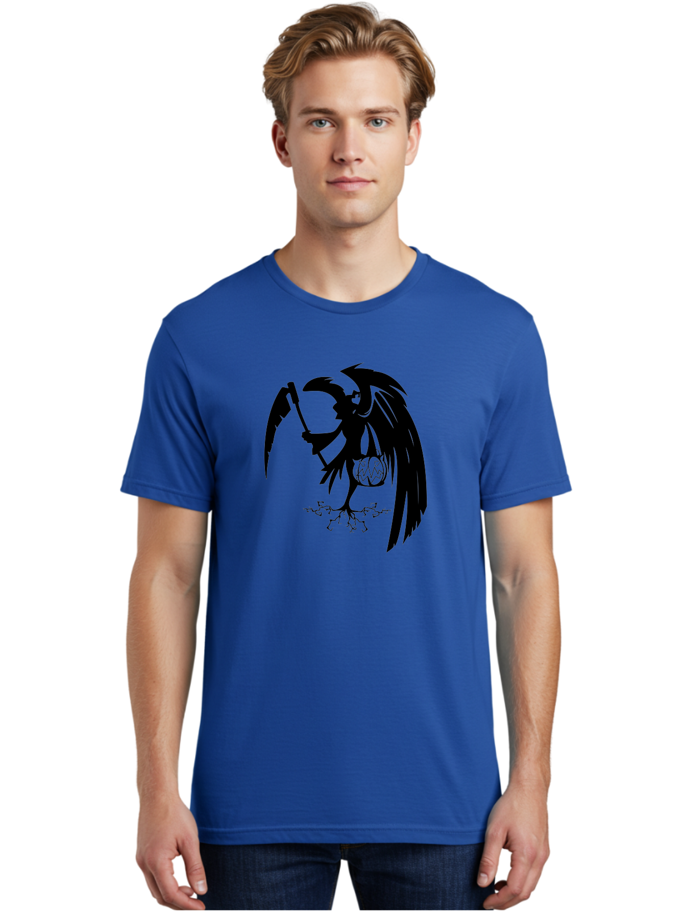 Crow-Grim-Reaper Men'S Graphic Tee, 100% Cotton, Comfortable Casual Summer Wear, Machine Washable, Bird With Scythe, Surreal Imagery, Abstract Art, Dark Symbolism, Mysterious Creature, Winged Figure, Eerie Atmosphere, Fantasy Illustration Aab210 10