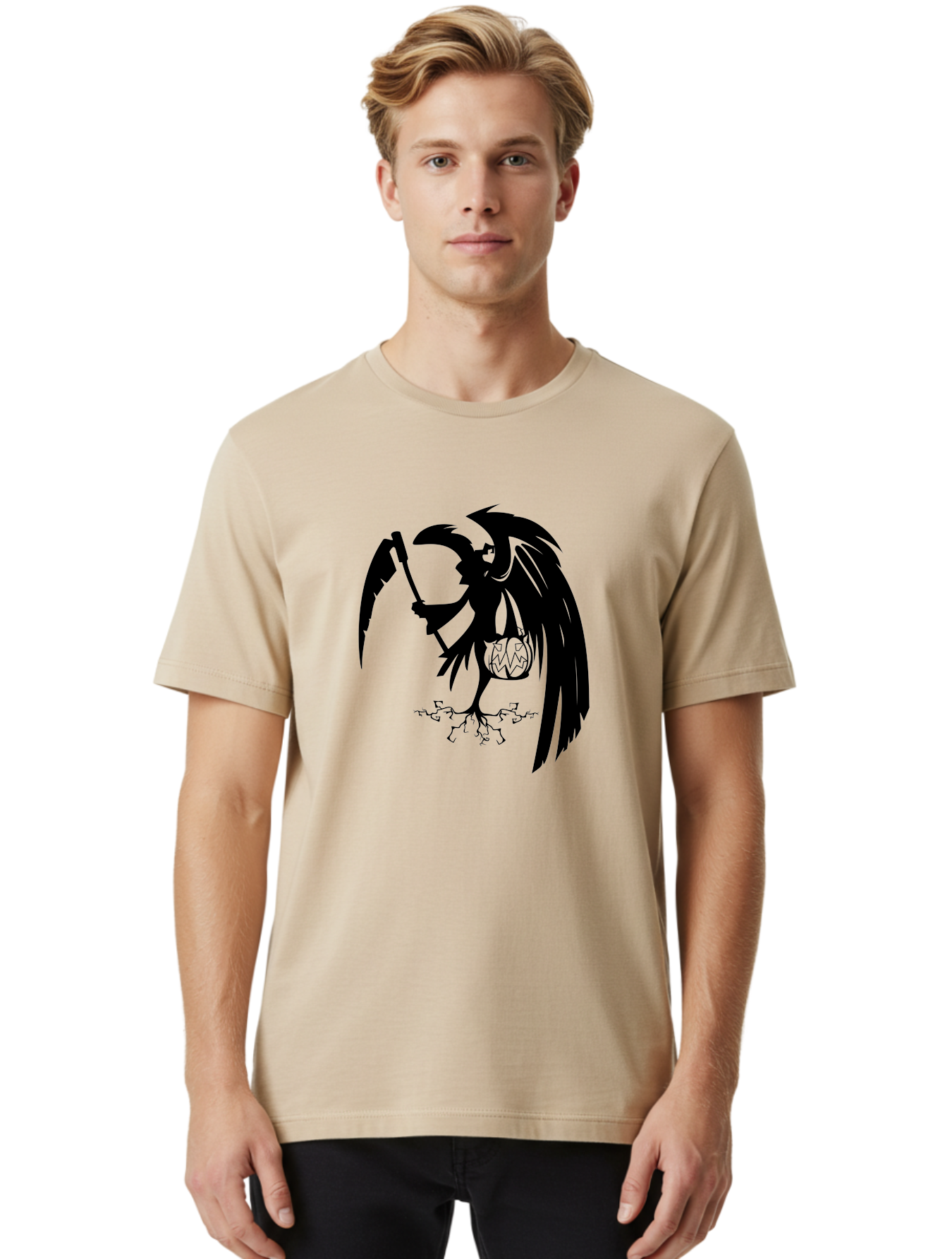 Crow-Grim-Reaper Men'S Graphic Tee, 100% Cotton, Comfortable Casual Summer Wear, Machine Washable, Bird With Scythe, Surreal Imagery, Abstract Art, Dark Symbolism, Mysterious Creature, Winged Figure, Eerie Atmosphere, Fantasy Illustration Aab210 18