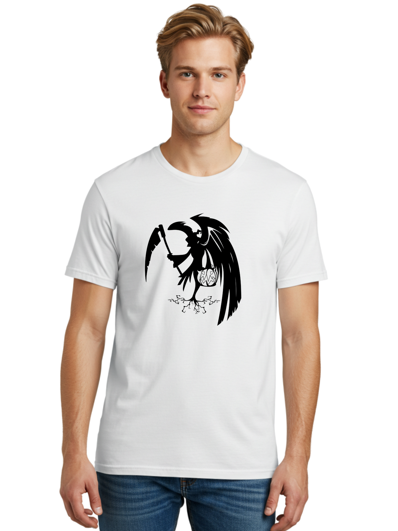 Crow-Grim-Reaper Men'S Graphic Tee, 100% Cotton, Comfortable Casual Summer Wear, Machine Washable, Bird With Scythe, Surreal Imagery, Abstract Art, Dark Symbolism, Mysterious Creature, Winged Figure, Eerie Atmosphere, Fantasy Illustration Aab210 26