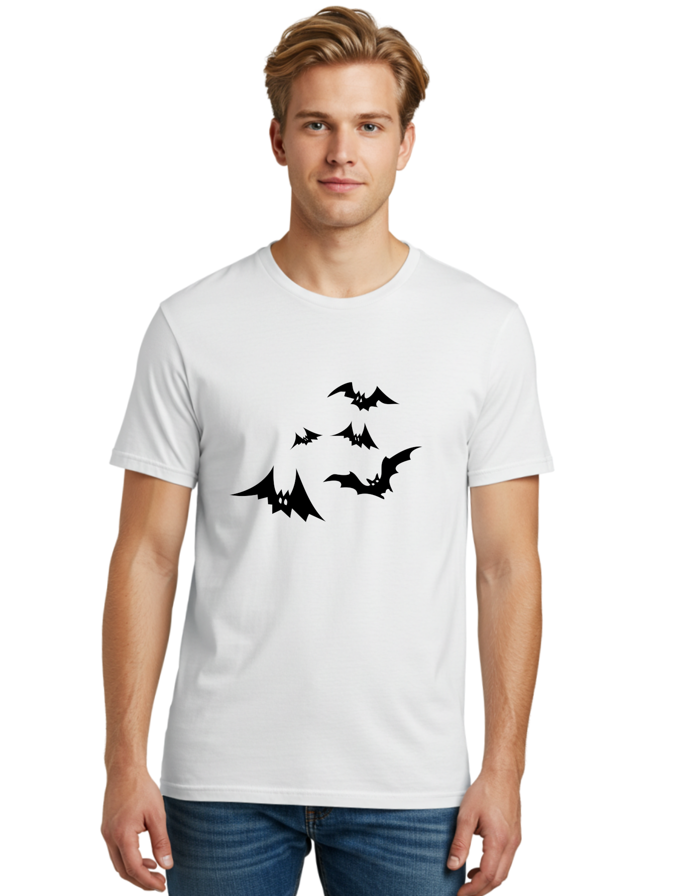 Flying-Bats Men'S Graphic Tee, 100% Cotton, Comfortable Casual Summer Wear, Machine Washable, Black Bats, Flying Bats, Halloween Symbols, Spooky Creatures, Gothic Decorations, Eerie Silhouettes, Dark Magic, Halloween Decorations Aab216 30