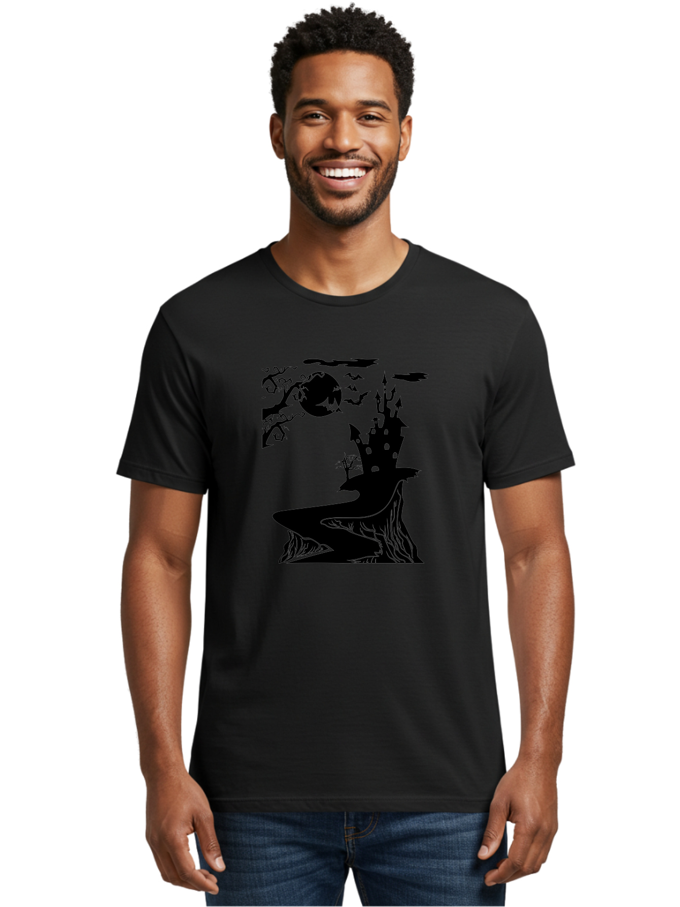 Haunted-Castle-1 Men'S Graphic Tee, 100% Cotton, Comfortable Casual Summer Wear, Machine Washable, Haunted House, Creepy Castle, Spooky Atmosphere, Halloween Theme, Dark Magic, Full Moon, Bats Flying Aab221 2