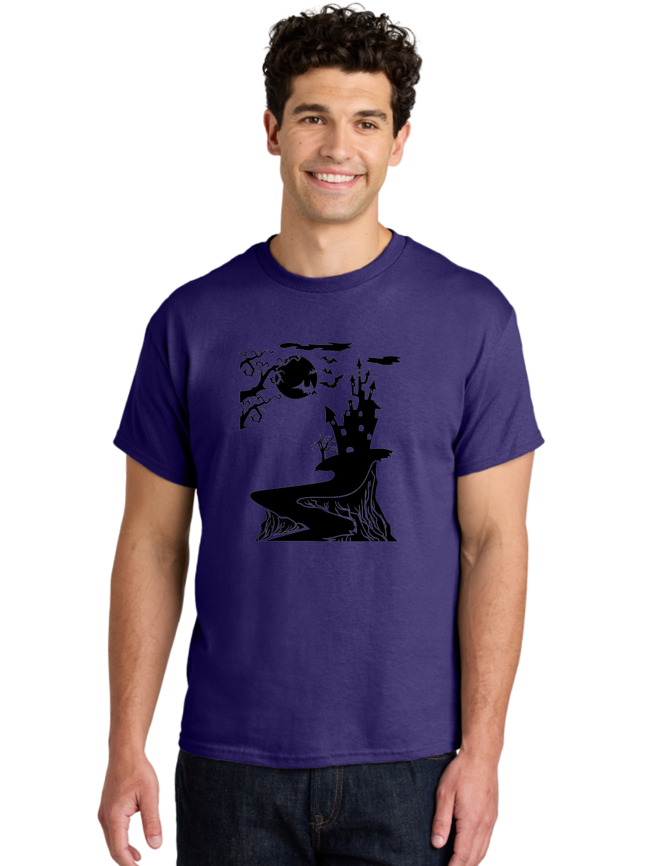Haunted-Castle-1 Men'S Graphic Tee, 100% Cotton, Comfortable Casual Summer Wear, Machine Washable, Haunted House, Creepy Castle, Spooky Atmosphere, Halloween Theme, Dark Magic, Full Moon, Bats Flying Aab221 22