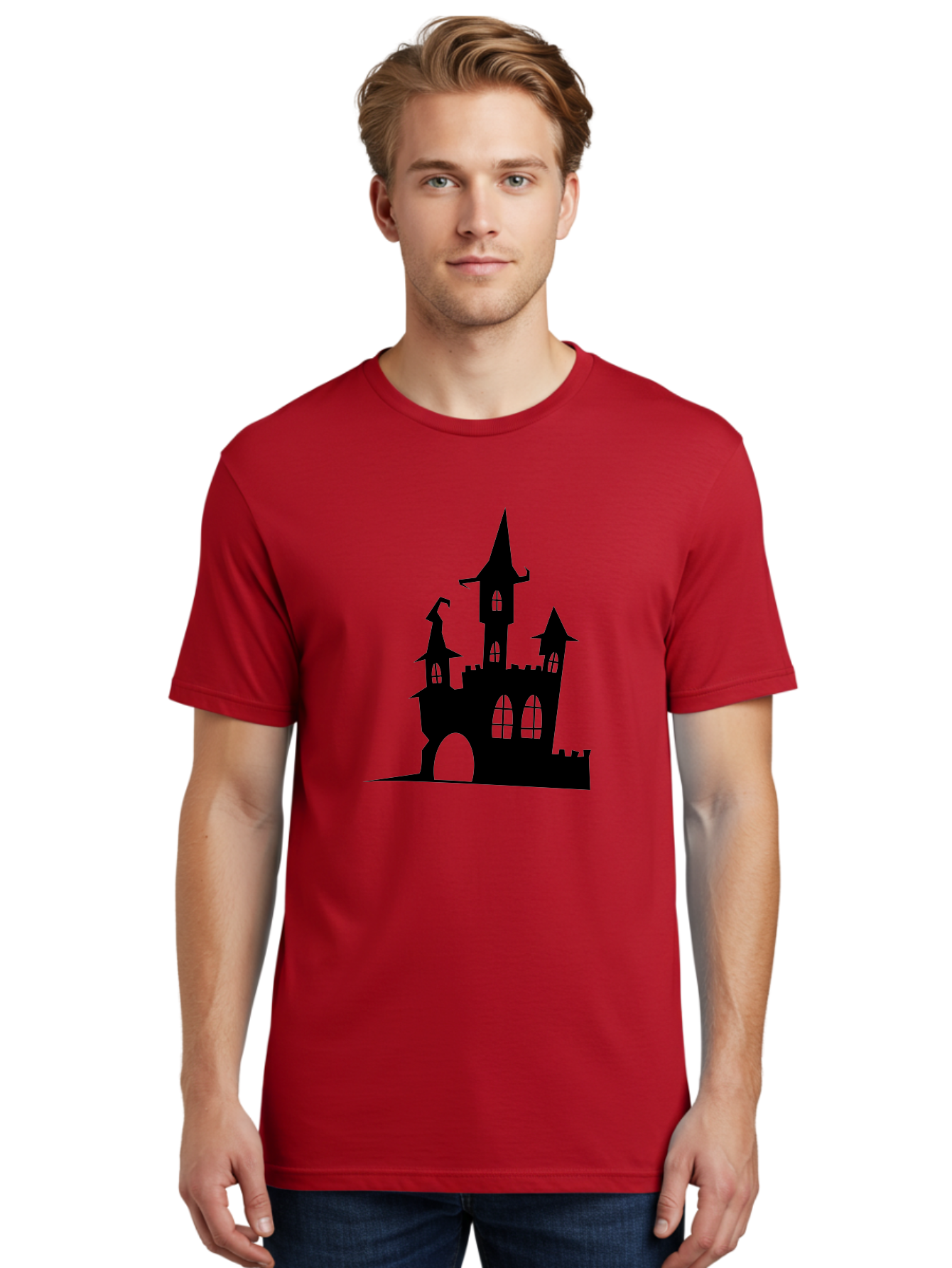 Haunted-Castle Men'S Graphic Tee, 100% Cotton, Comfortable Casual Summer Wear, Machine Washable, Haunted Castle, Spooky Atmosphere, Gothic Architecture, Mysterious Vibe, Fantasy World, Dark Magic, Witch'S Lair, Haunted Mansion, Eerie Feeling Aab222 24