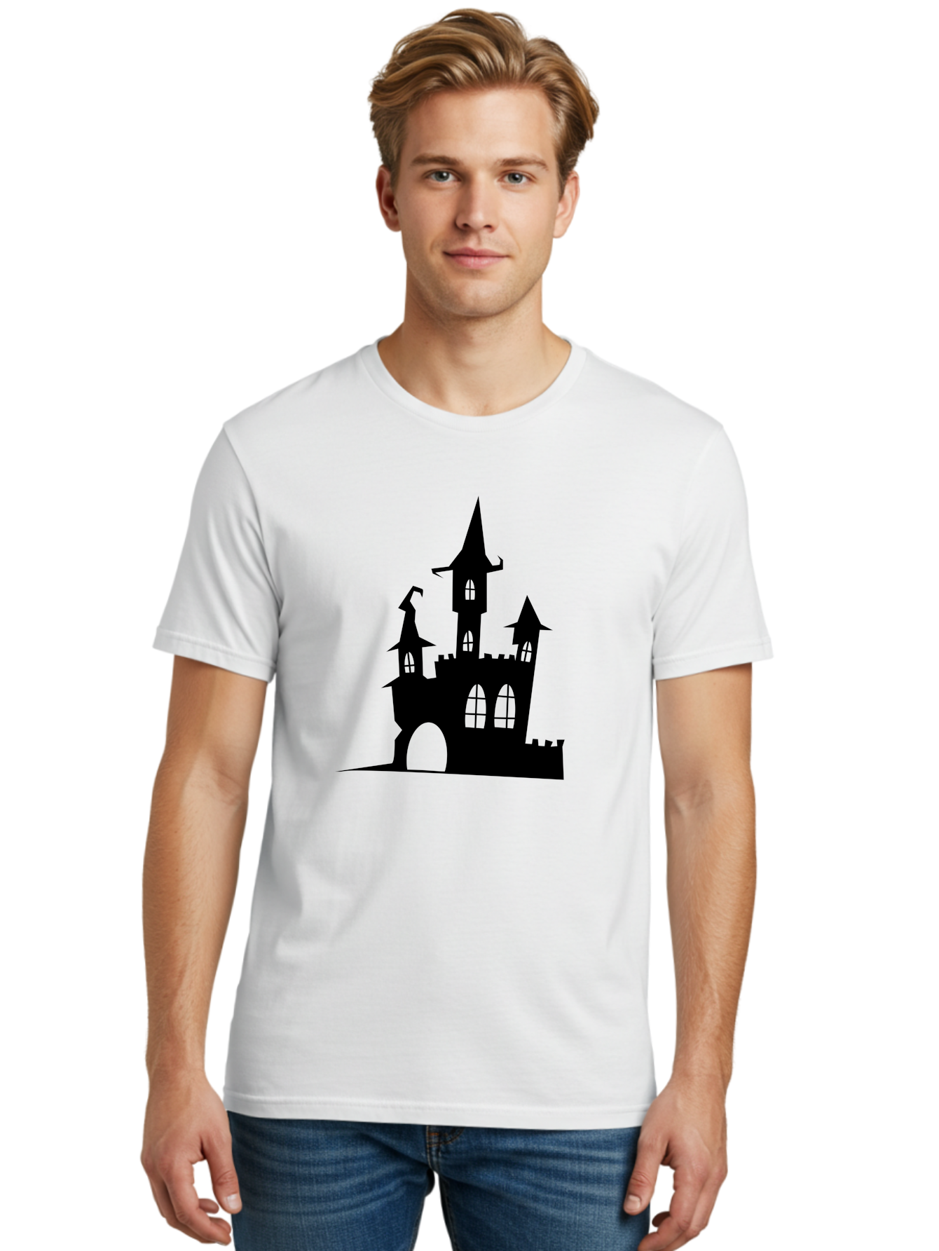 Haunted-Castle Men'S Graphic Tee, 100% Cotton, Comfortable Casual Summer Wear, Machine Washable, Haunted Castle, Spooky Atmosphere, Gothic Architecture, Mysterious Vibe, Fantasy World, Dark Magic, Witch'S Lair, Haunted Mansion, Eerie Feeling Aab222 30