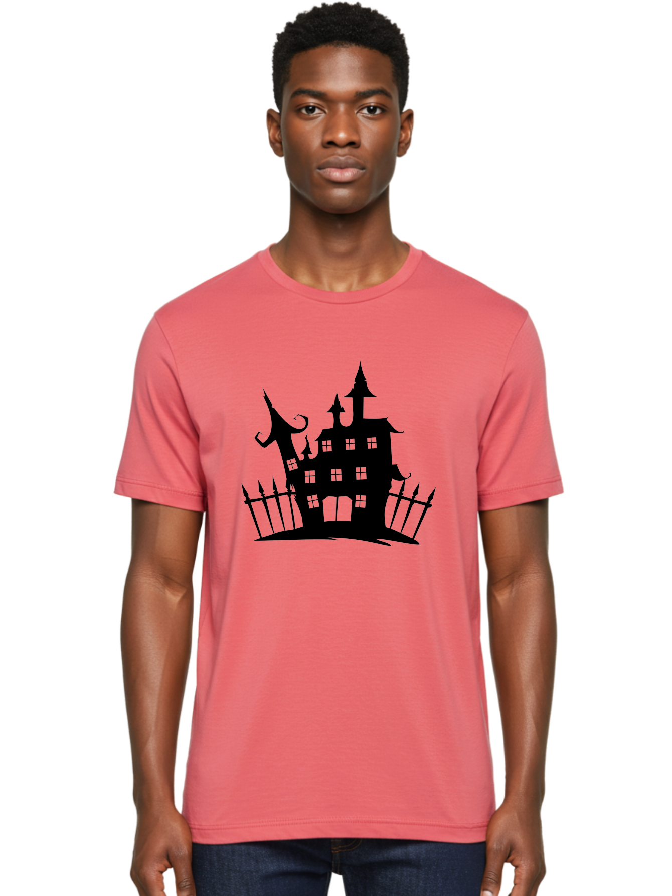 Haunted-House-1 Men'S Graphic Tee, 100% Cotton, Comfortable Casual Summer Wear, Machine Washable, Haunted Mansion, Creepy House, Horror Theme, Spooky Atmosphere, Gothic Architecture, Haunted Location, Eerie Vibe, Black Silhouette Aab223 30
