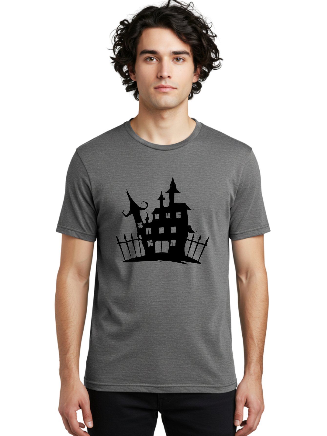Haunted-House-1 Men'S Graphic Tee, 100% Cotton, Comfortable Casual Summer Wear, Machine Washable, Haunted Mansion, Creepy House, Horror Theme, Spooky Atmosphere, Gothic Architecture, Haunted Location, Eerie Vibe, Black Silhouette Aab223 8