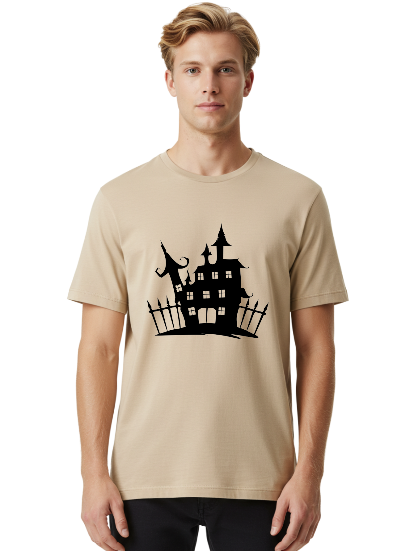 Haunted-House-1 Men'S Graphic Tee, 100% Cotton, Comfortable Casual Summer Wear, Machine Washable, Haunted Mansion, Creepy House, Horror Theme, Spooky Atmosphere, Gothic Architecture, Haunted Location, Eerie Vibe, Black Silhouette Aab223 14