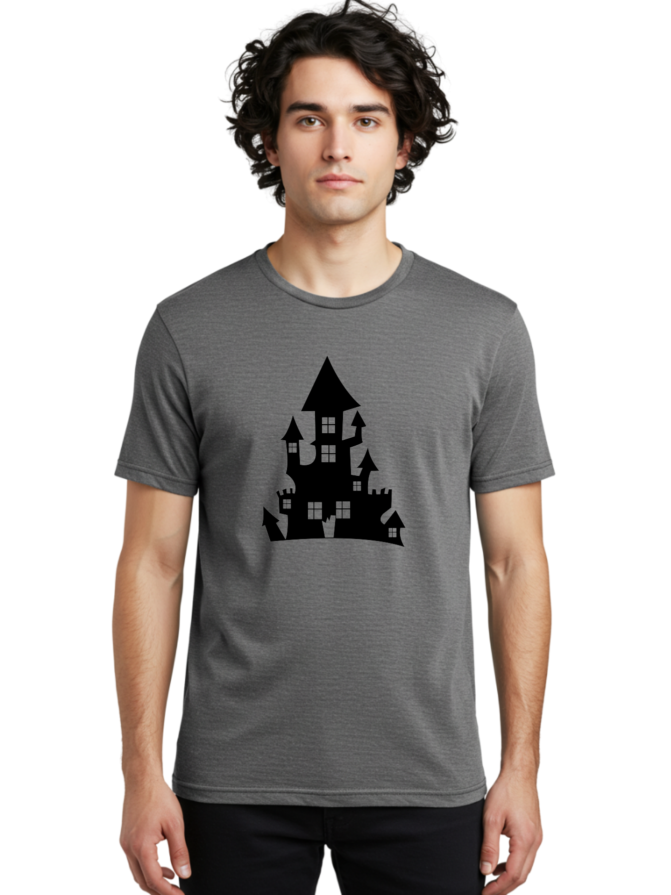 Haunted-House-Silhouette-1 Men'S Graphic Tee, 100% Cotton, Comfortable Casual Summer Wear, Machine Washable, Medieval Castle, Black Silhouette, Fantasy Architecture, Mysterious Atmosphere, Gothic Style, Spooky Vibe, Dark Magic, Haunted House, Aab224 10