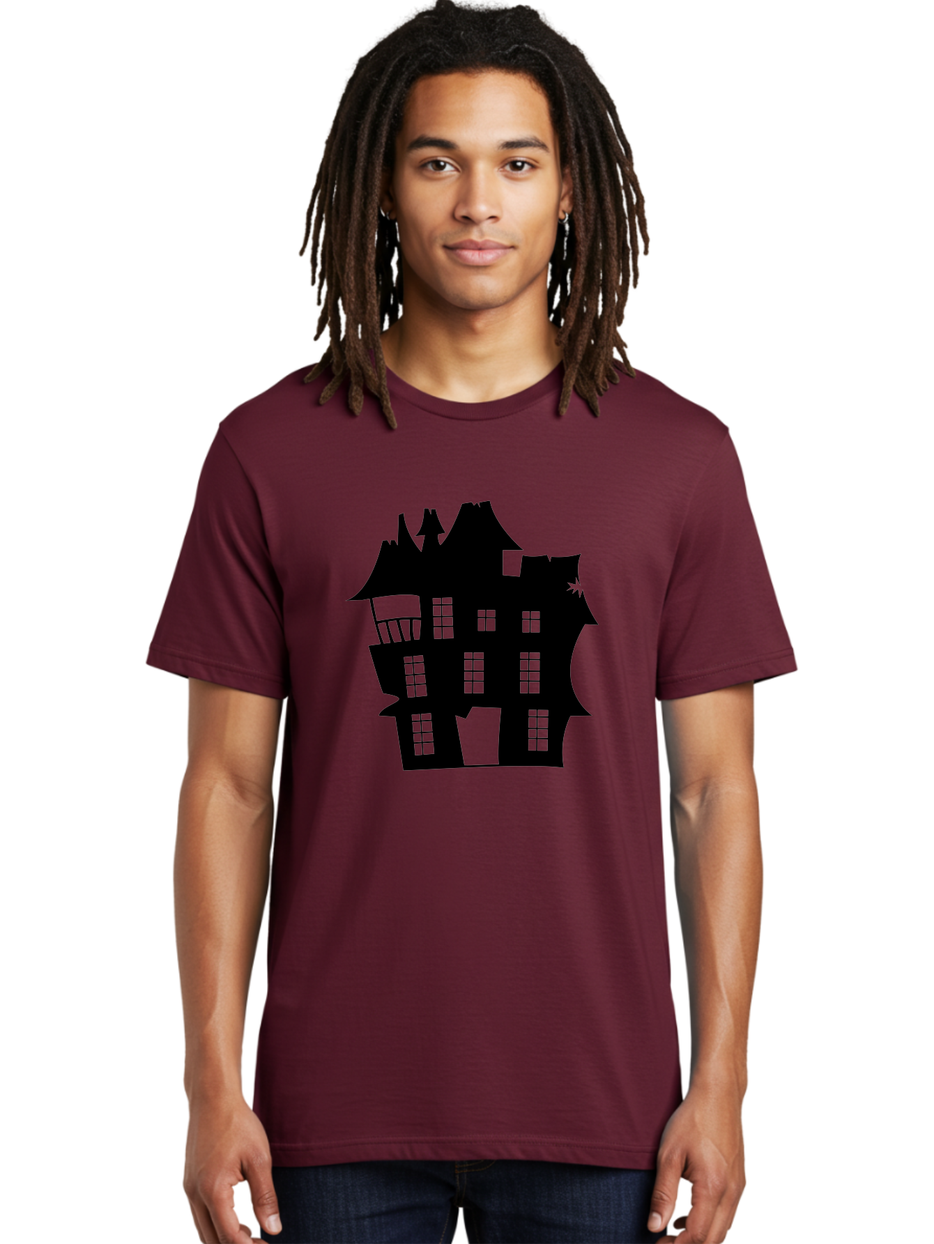 Haunted-House-Silhouette Men'S Graphic Tee, 100% Cotton, Comfortable Casual Summer Wear, Machine Washable, Haunted Mansion, Spooky Silhouette, Eerie Architecture, Creepy House, Haunted Building, Dark Atmosphere, Gothic Style, Mysterious Home Aab226 14