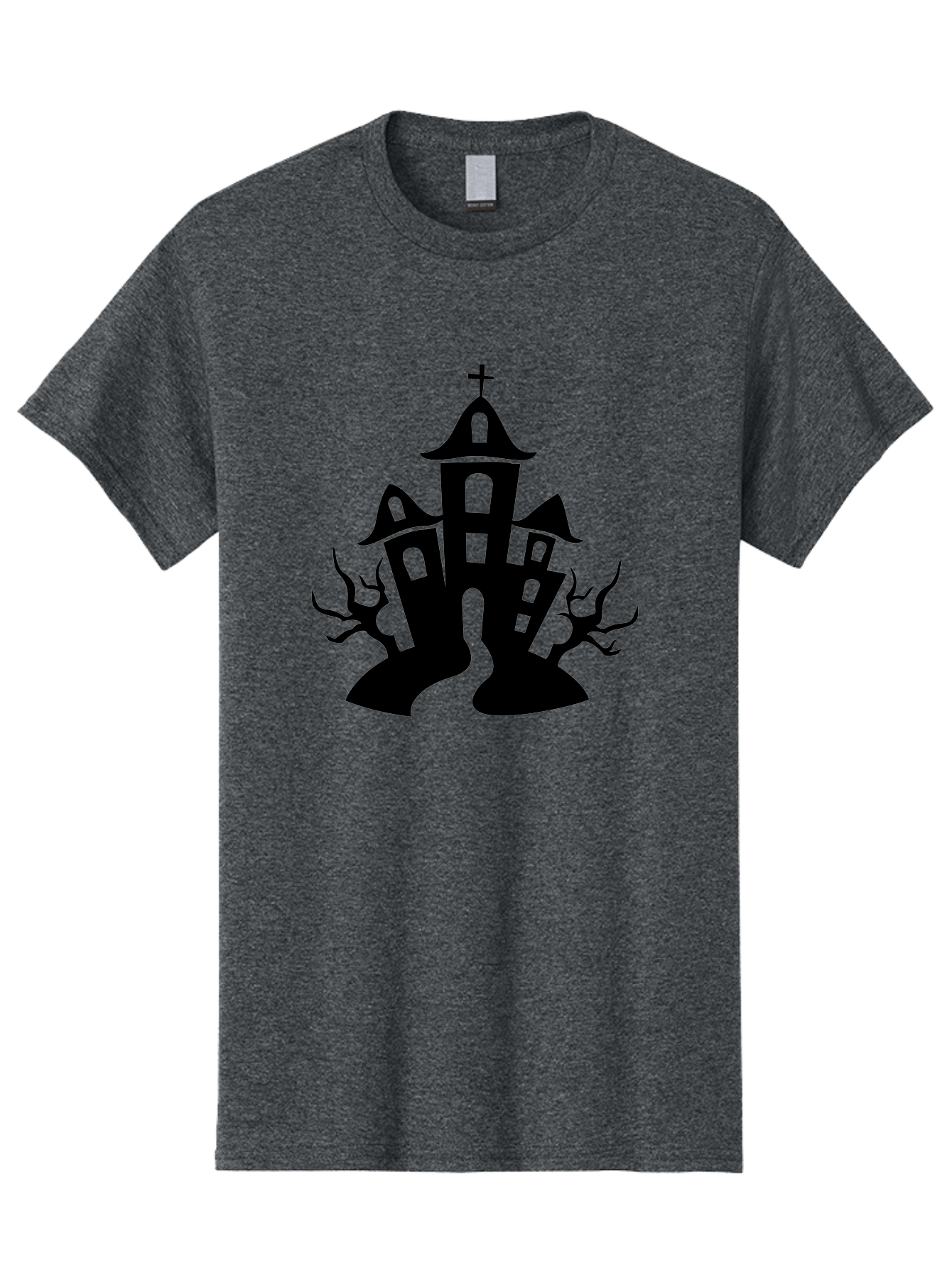 Haunted-House Men'S Graphic Tee, 100% Cotton, Comfortable Casual Summer Wear, Machine Washable, Haunted Church, Spooky Atmosphere, Gothic Architecture, Creepy Trees, Halloween Theme, Eerie Silhouette, Black Church, Cross On Top, Haunted House Aab227 7