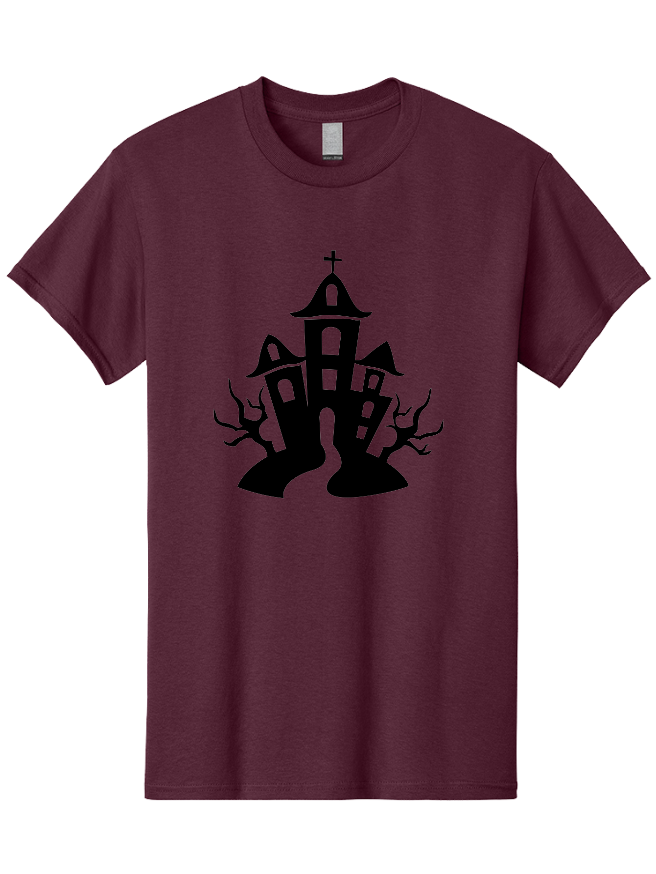 Haunted-House Men'S Graphic Tee, 100% Cotton, Comfortable Casual Summer Wear, Machine Washable, Haunted Church, Spooky Atmosphere, Gothic Architecture, Creepy Trees, Halloween Theme, Eerie Silhouette, Black Church, Cross On Top, Haunted House Aab227 13