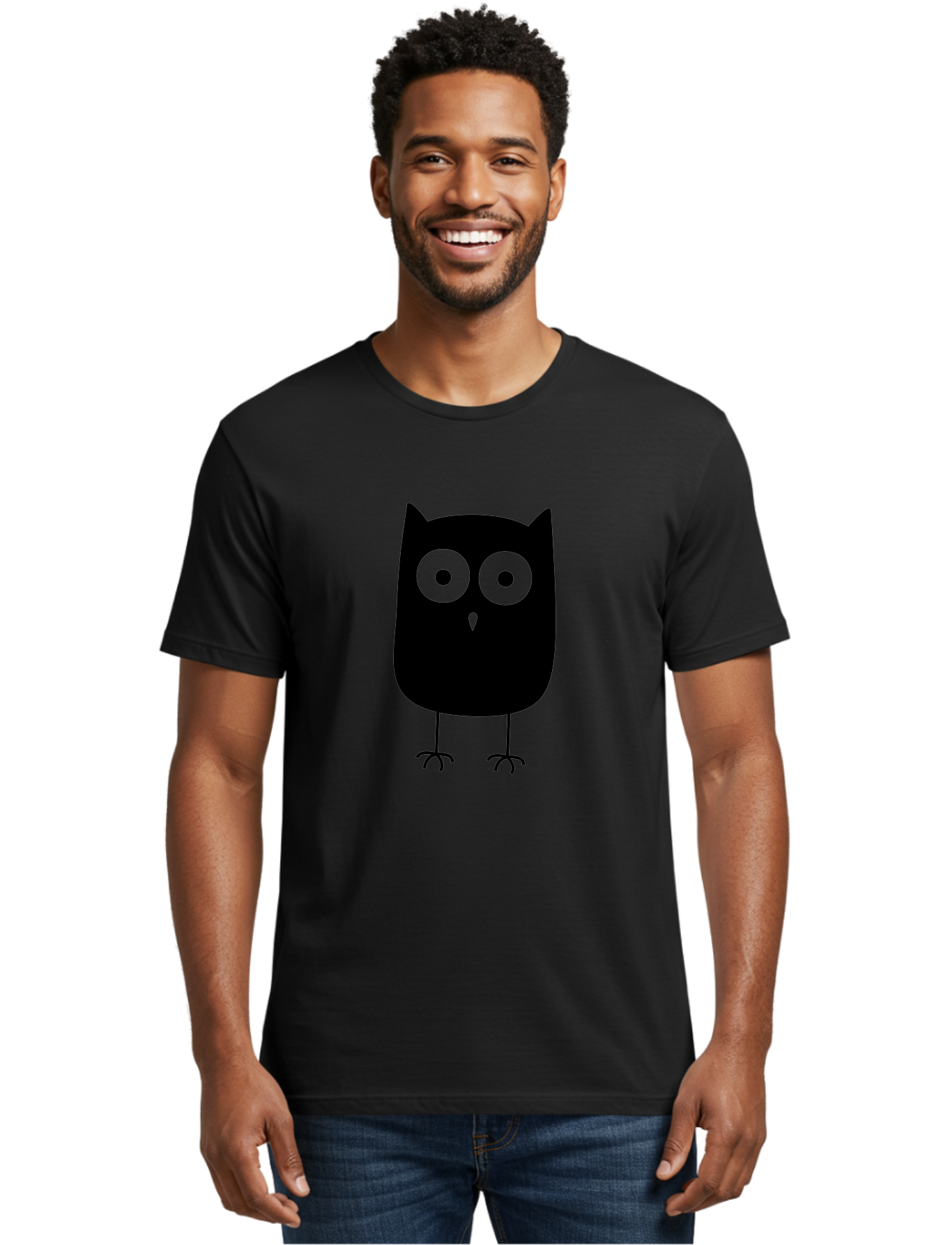 Owl Men'S Graphic Tee, 100% Cotton, Comfortable Casual Summer Wear, Machine Washable, Cartoon Owl, Simple Design, Black Silhouette, Green Eyes, Cute Illustration, Minimalist Art, Bird Character, Graphic Design Element Aab232 30