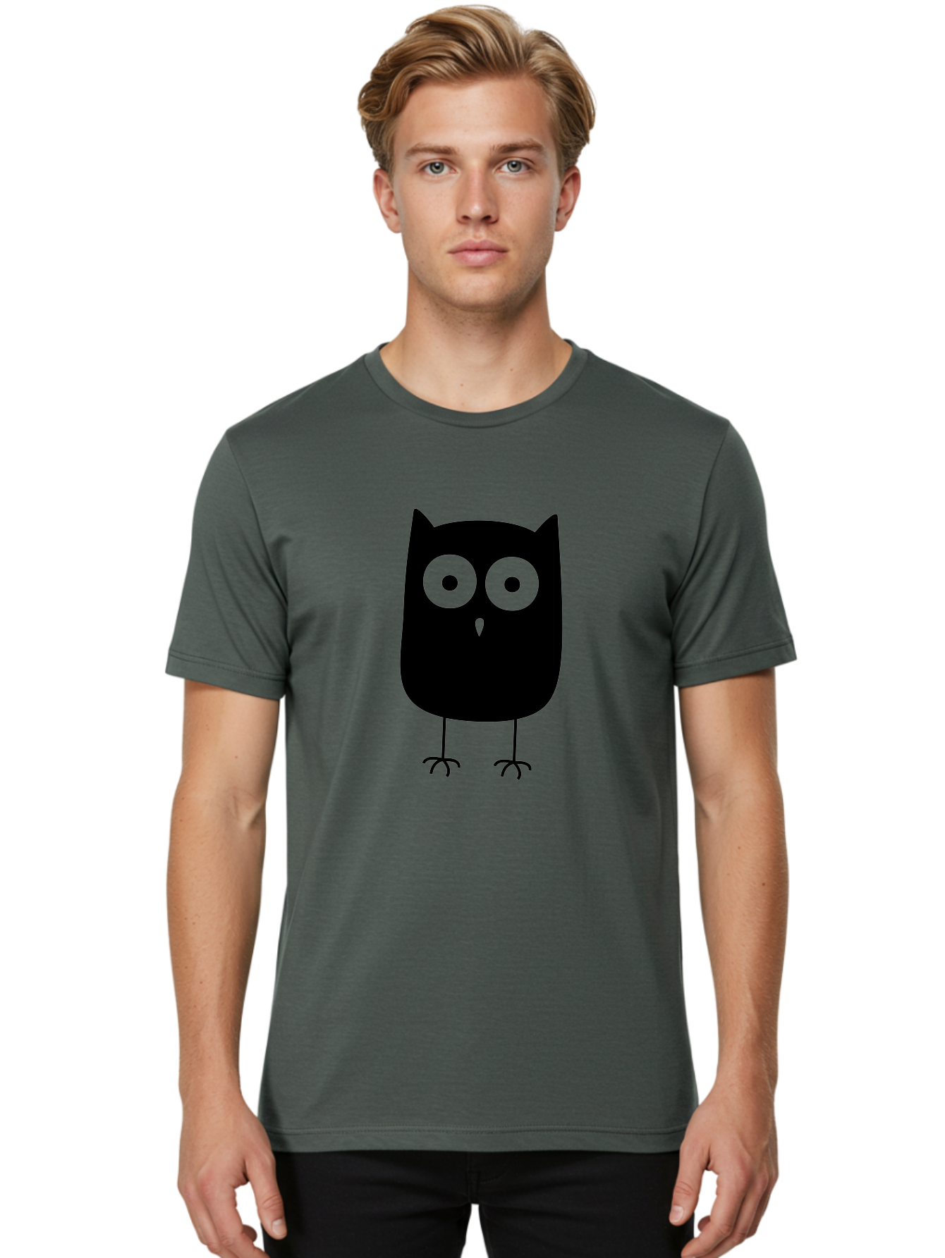 Owl Men'S Graphic Tee, 100% Cotton, Comfortable Casual Summer Wear, Machine Washable, Cartoon Owl, Simple Design, Black Silhouette, Green Eyes, Cute Illustration, Minimalist Art, Bird Character, Graphic Design Element Aab232 26
