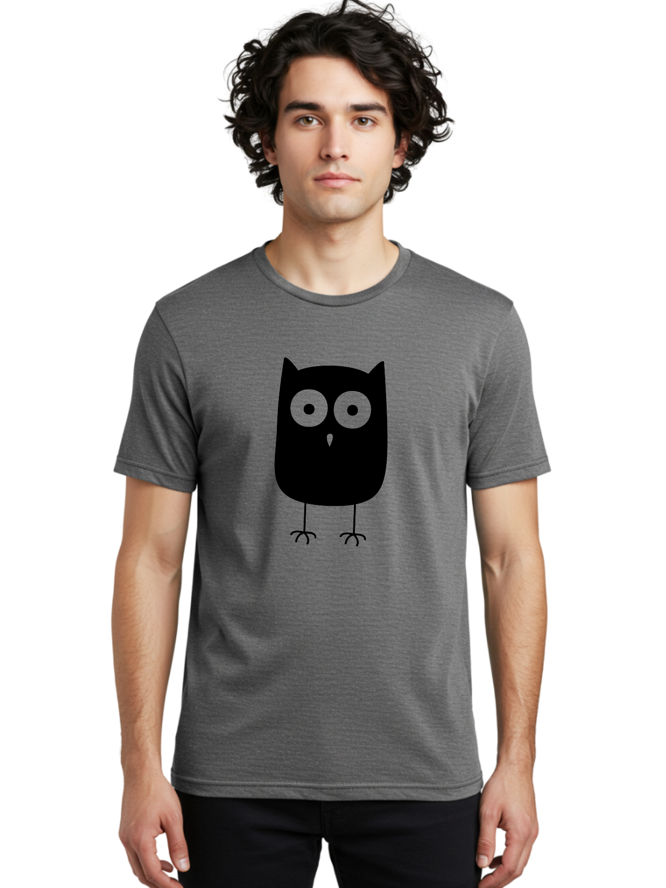 Owl Men'S Graphic Tee, 100% Cotton, Comfortable Casual Summer Wear, Machine Washable, Cartoon Owl, Simple Design, Black Silhouette, Green Eyes, Cute Illustration, Minimalist Art, Bird Character, Graphic Design Element Aab232 28
