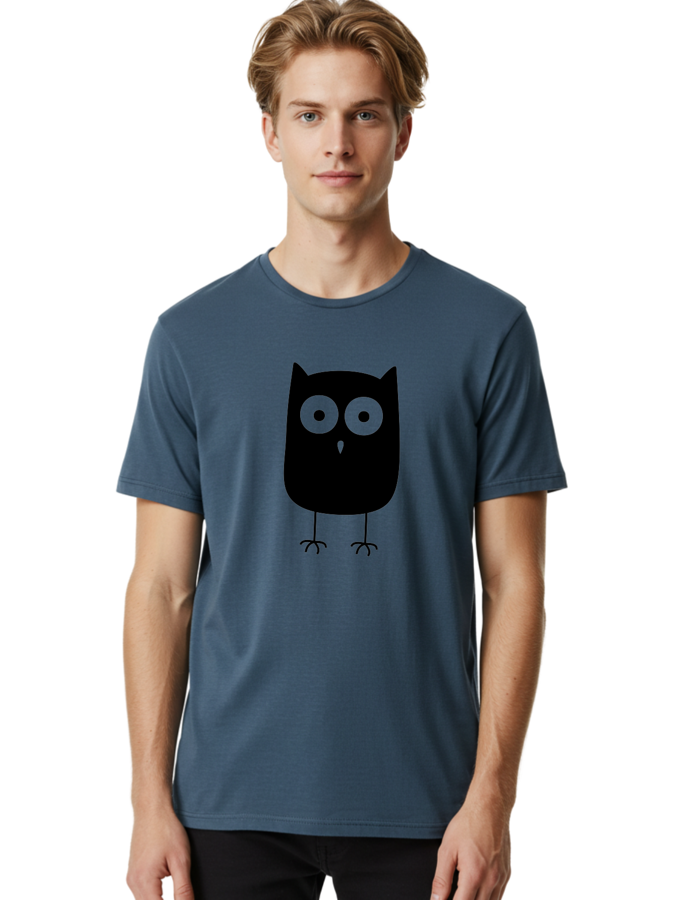 Owl Men'S Graphic Tee, 100% Cotton, Comfortable Casual Summer Wear, Machine Washable, Cartoon Owl, Simple Design, Black Silhouette, Green Eyes, Cute Illustration, Minimalist Art, Bird Character, Graphic Design Element Aab232 20
