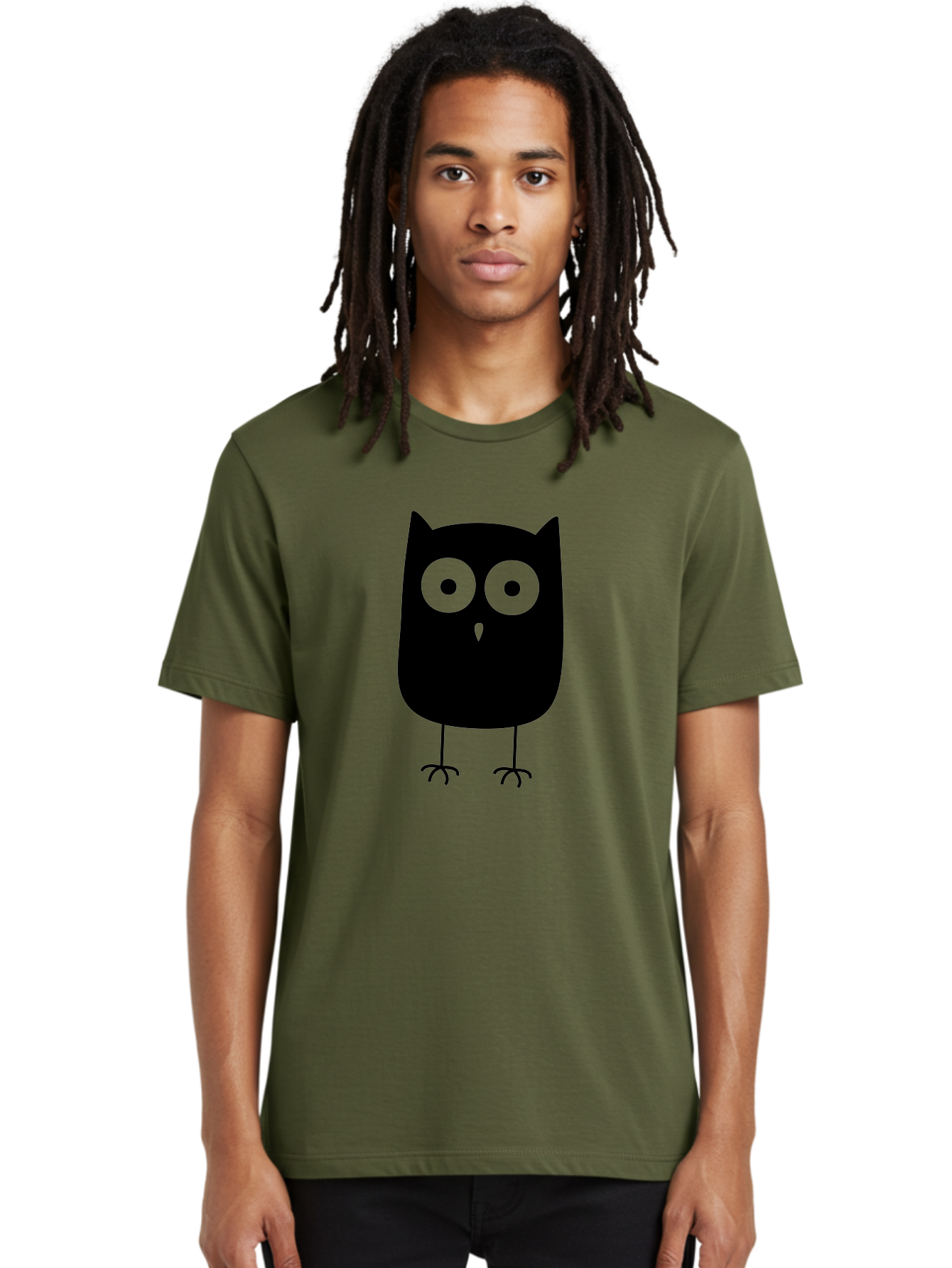 Owl Men'S Graphic Tee, 100% Cotton, Comfortable Casual Summer Wear, Machine Washable, Cartoon Owl, Simple Design, Black Silhouette, Green Eyes, Cute Illustration, Minimalist Art, Bird Character, Graphic Design Element Aab232 14