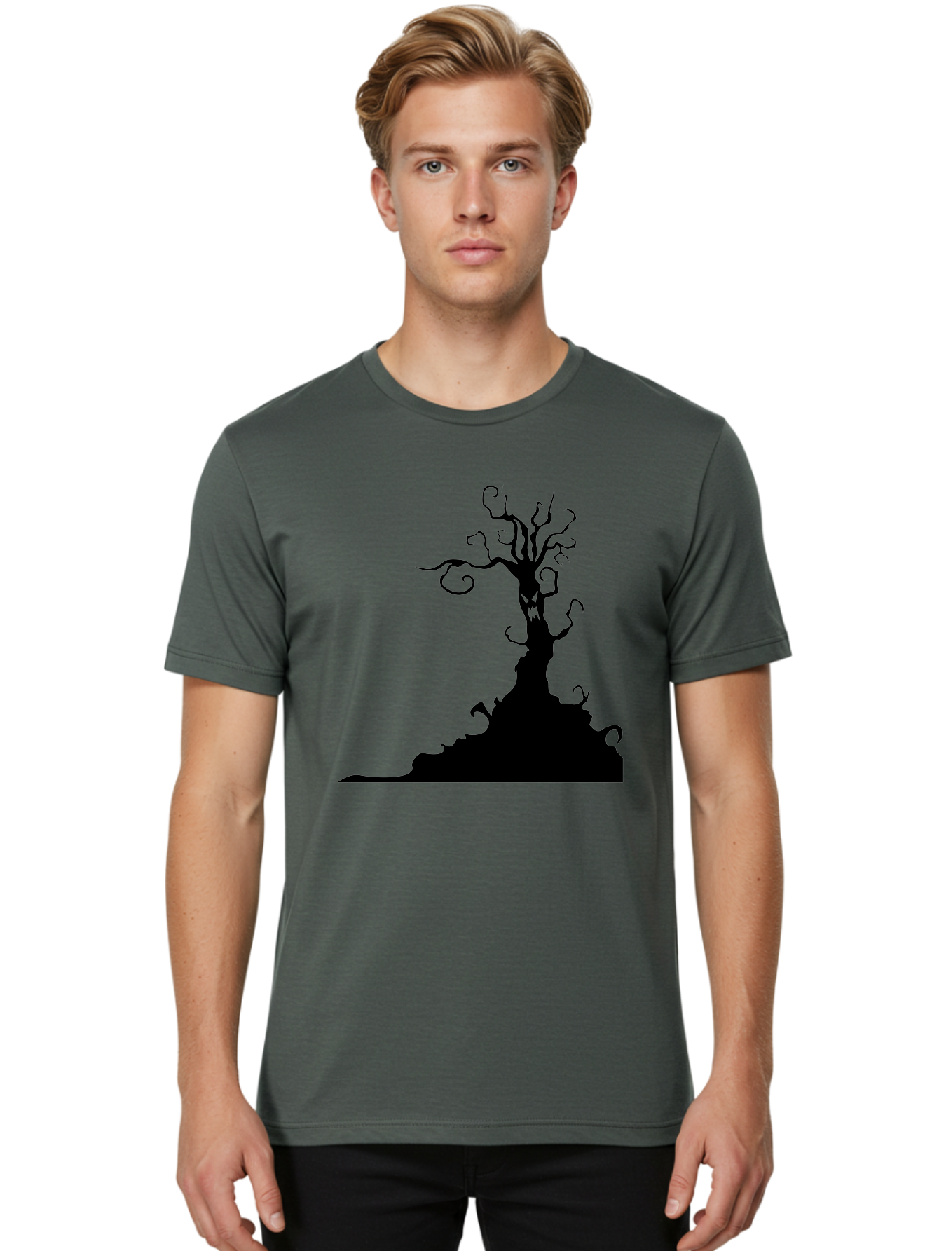 Tree-Silhouette Men'S Graphic Tee, 100% Cotton, Comfortable Casual Summer Wear, Machine Washable, Twisted Tree, Spooky Atmosphere, Mysterious Forest, Gothic Landscape, Bare Branches, Eerie Silhouette, Dark Fantasy, Haunting Imagery Aab235 4