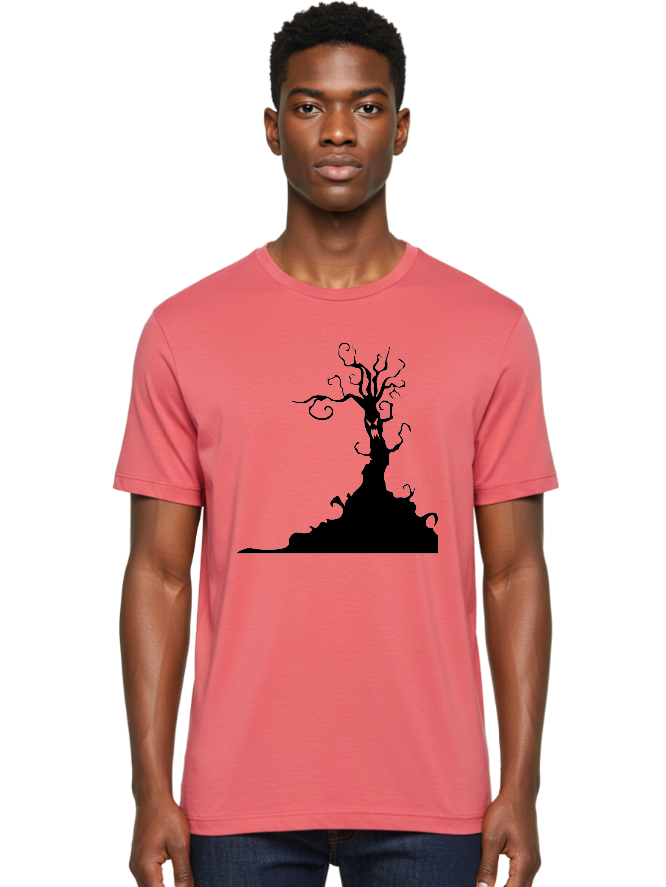 Tree-Silhouette Men'S Graphic Tee, 100% Cotton, Comfortable Casual Summer Wear, Machine Washable, Twisted Tree, Spooky Atmosphere, Mysterious Forest, Gothic Landscape, Bare Branches, Eerie Silhouette, Dark Fantasy, Haunting Imagery Aab235 6