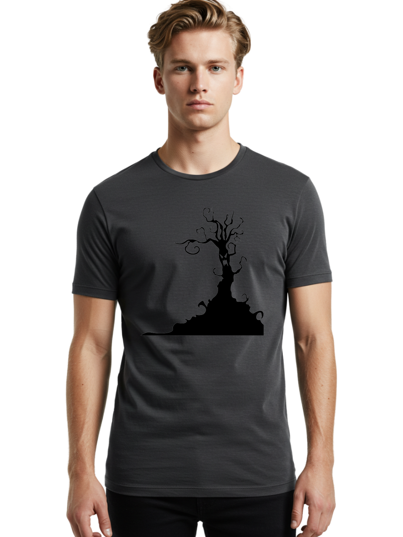 Tree-Silhouette Men'S Graphic Tee, 100% Cotton, Comfortable Casual Summer Wear, Machine Washable, Twisted Tree, Spooky Atmosphere, Mysterious Forest, Gothic Landscape, Bare Branches, Eerie Silhouette, Dark Fantasy, Haunting Imagery Aab235 8