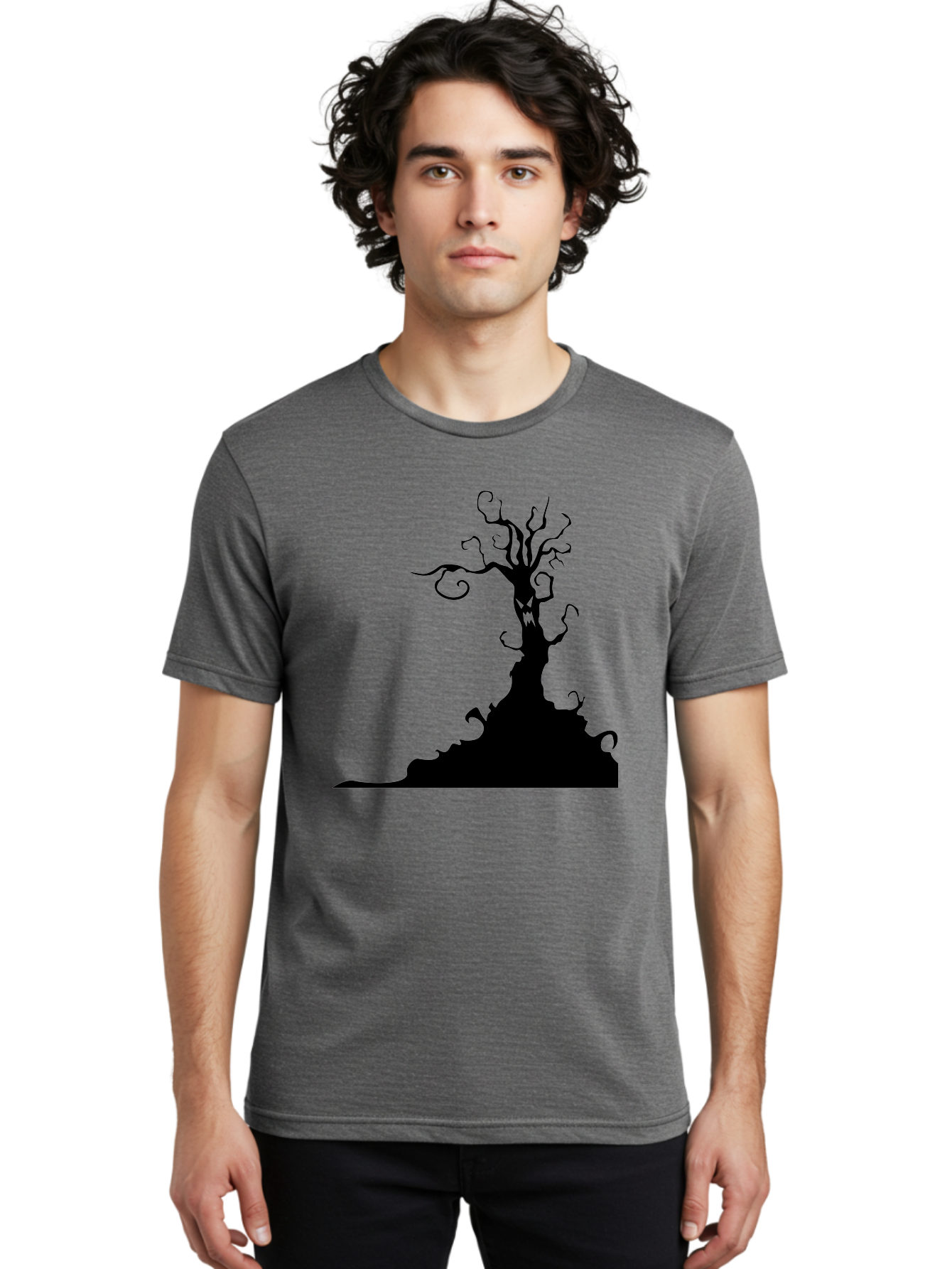 Tree-Silhouette Men'S Graphic Tee, 100% Cotton, Comfortable Casual Summer Wear, Machine Washable, Twisted Tree, Spooky Atmosphere, Mysterious Forest, Gothic Landscape, Bare Branches, Eerie Silhouette, Dark Fantasy, Haunting Imagery Aab235 10