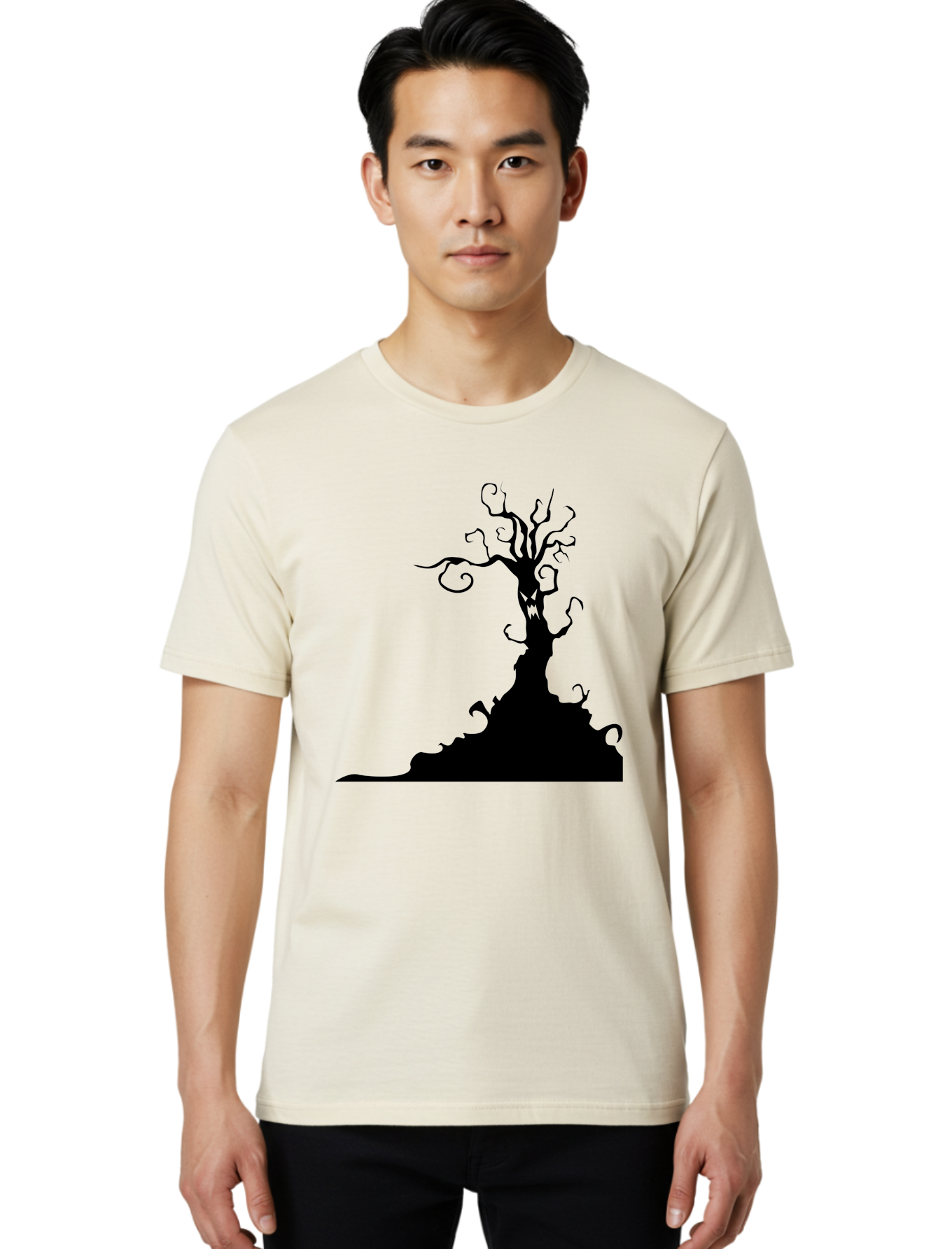 Tree-Silhouette Men'S Graphic Tee, 100% Cotton, Comfortable Casual Summer Wear, Machine Washable, Twisted Tree, Spooky Atmosphere, Mysterious Forest, Gothic Landscape, Bare Branches, Eerie Silhouette, Dark Fantasy, Haunting Imagery Aab235 18