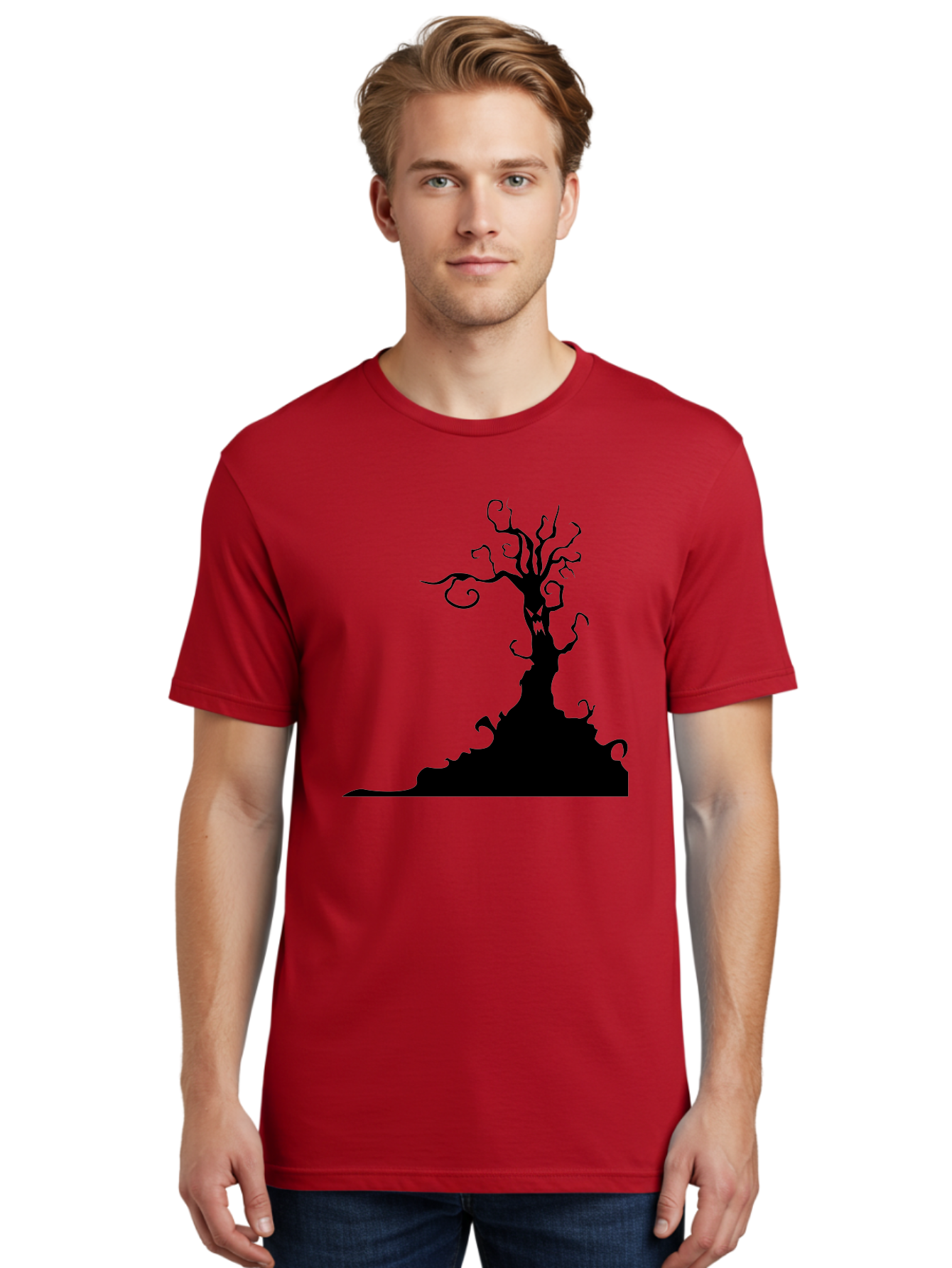 Tree-Silhouette Men'S Graphic Tee, 100% Cotton, Comfortable Casual Summer Wear, Machine Washable, Twisted Tree, Spooky Atmosphere, Mysterious Forest, Gothic Landscape, Bare Branches, Eerie Silhouette, Dark Fantasy, Haunting Imagery Aab235 24