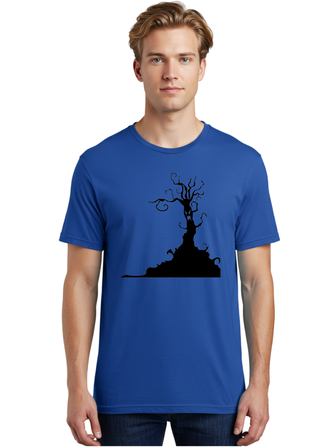 Tree-Silhouette Men'S Graphic Tee, 100% Cotton, Comfortable Casual Summer Wear, Machine Washable, Twisted Tree, Spooky Atmosphere, Mysterious Forest, Gothic Landscape, Bare Branches, Eerie Silhouette, Dark Fantasy, Haunting Imagery Aab235 26