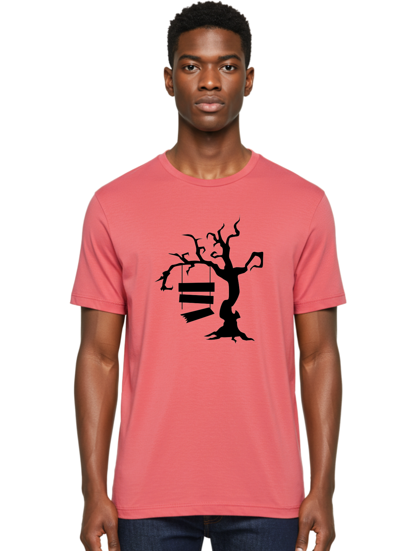 Tree-Swing-Silhouette Men'S Graphic Tee, 100% Cotton, Comfortable Casual Summer Wear, Machine Washable, Tree Swing, Spooky Tree, Twisted Branches, Wooden Planks, Eerie Atmosphere, Haunting Decor, Halloween Theme, Gothic Style Aab236 6