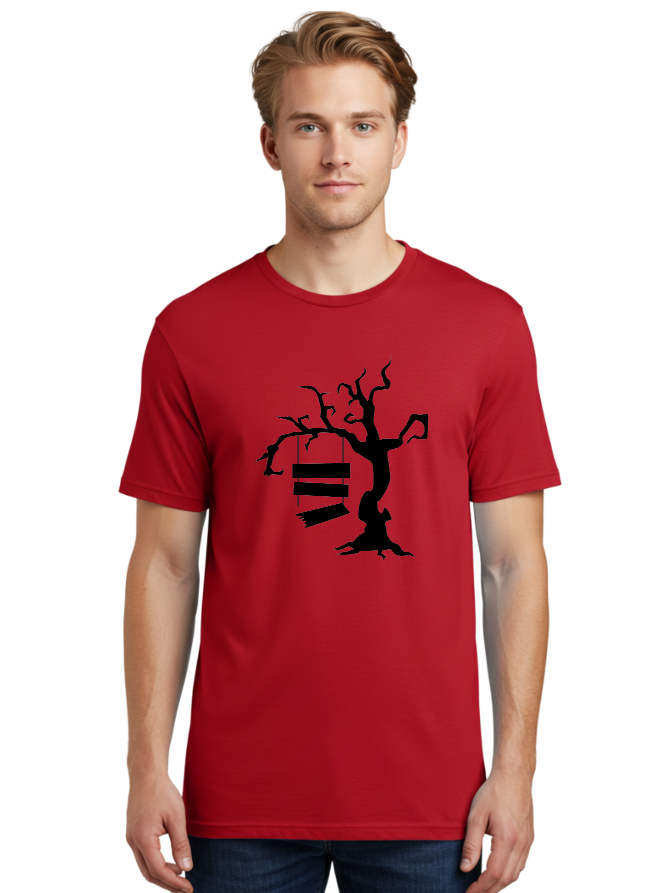 Tree-Swing-Silhouette Men'S Graphic Tee, 100% Cotton, Comfortable Casual Summer Wear, Machine Washable, Tree Swing, Spooky Tree, Twisted Branches, Wooden Planks, Eerie Atmosphere, Haunting Decor, Halloween Theme, Gothic Style Aab236 24