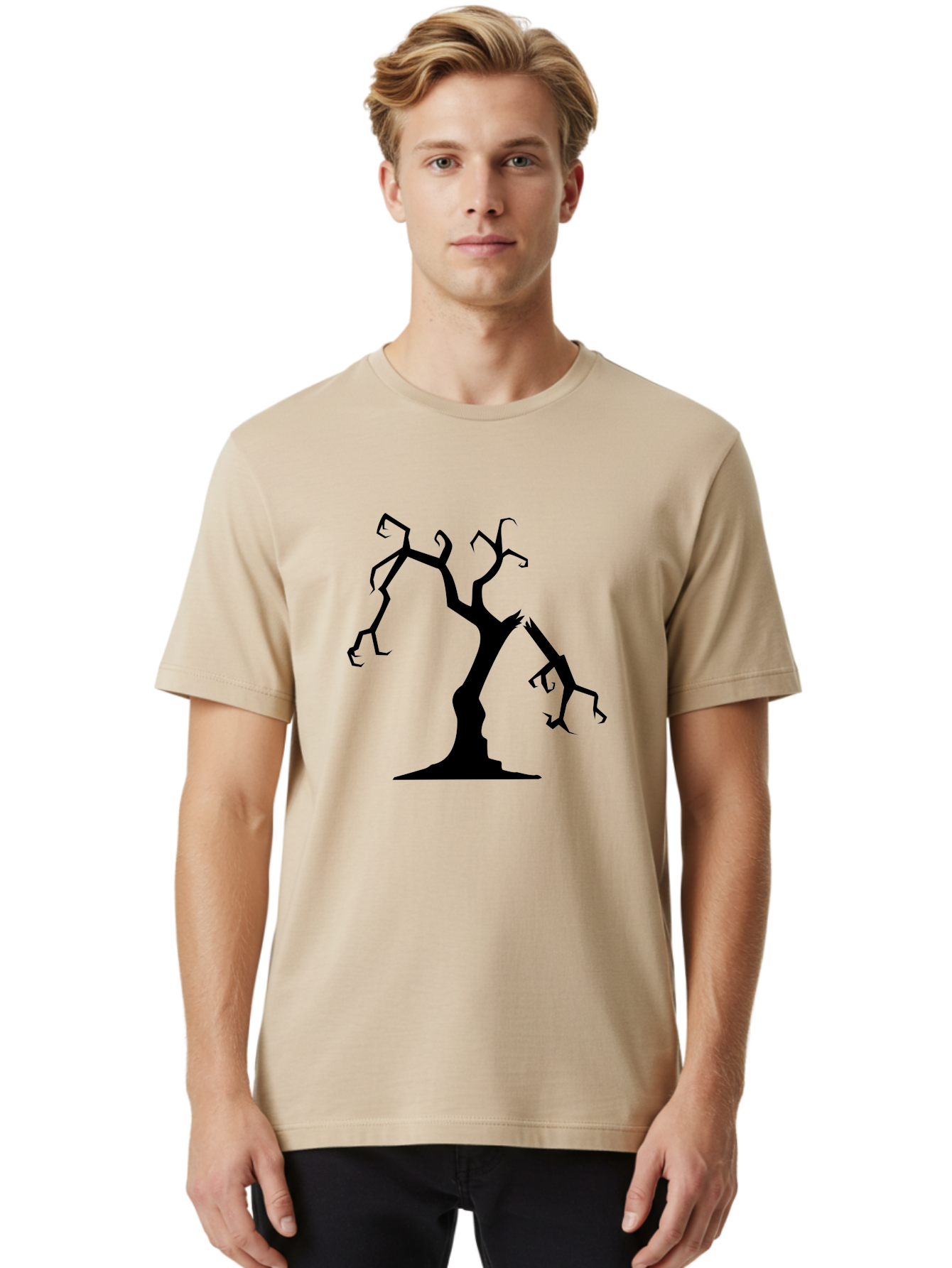 Twisted-Tree Men'S Graphic Tee, 100% Cotton, Comfortable Casual Summer Wear, Machine Washable, Dead Tree, Bare Branches, Twisted Limbs, Spooky Atmosphere, Dark Silhouette, Halloween Theme, Eerie Landscape, Gothic Aesthetic, Mysterious Forest, Aab237 28