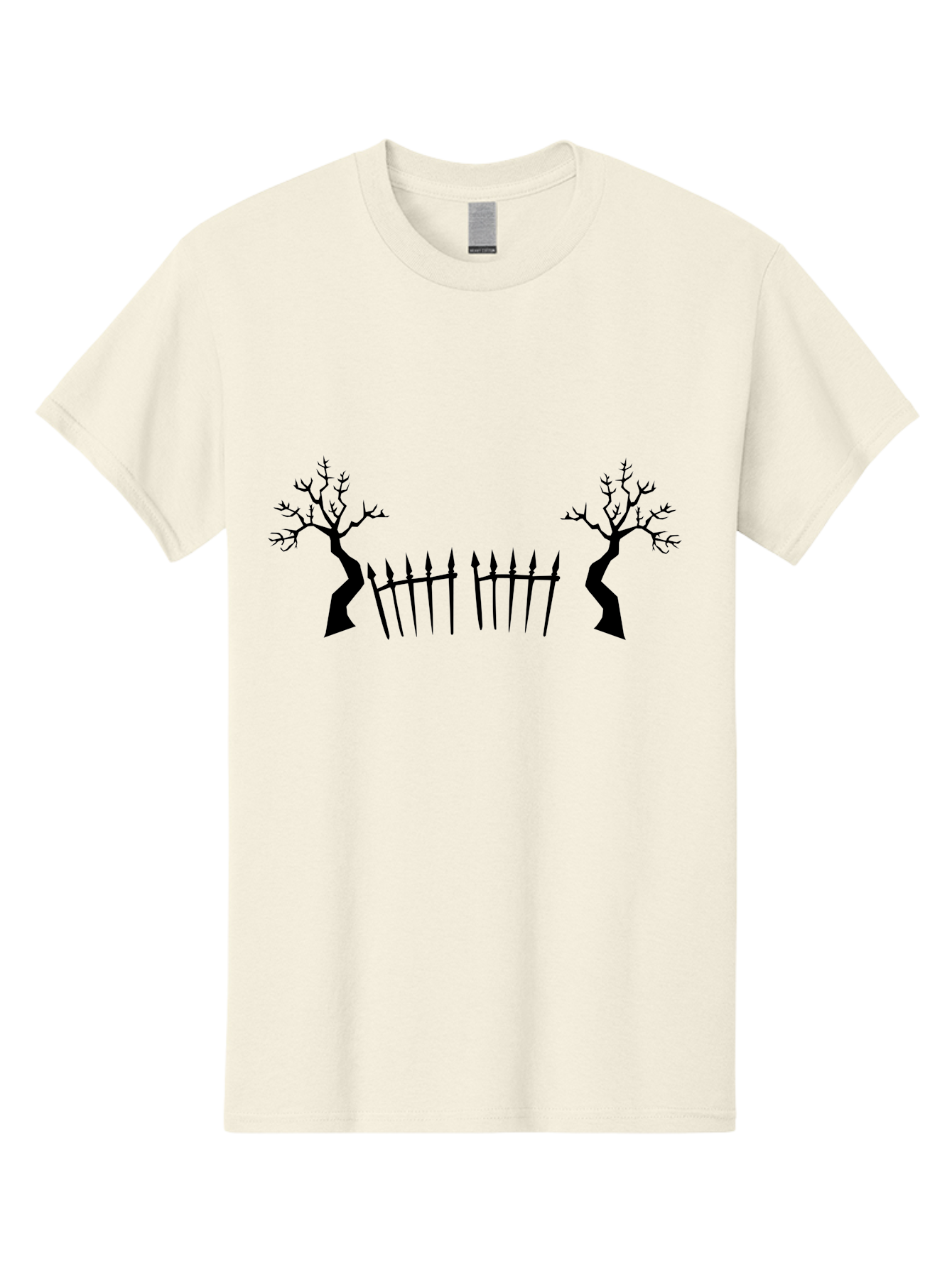 Twisted-Trees-And-Fence Men'S Graphic Tee, 100% Cotton, Comfortable Casual Summer Wear, Machine Washable, Twisted Trees, Bare Branches, Wrought Iron Fence, Spiked Fence, Eerie Landscape, Gothic Scenery, Haunted Atmosphere, Dark Silhouette, Aab238 17
