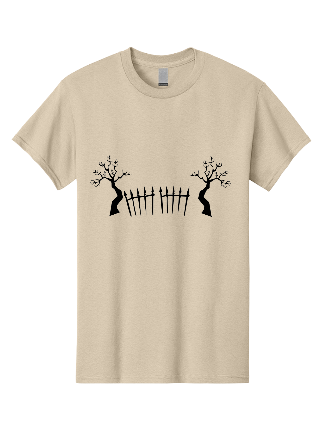 Twisted-Trees-And-Fence Men'S Graphic Tee, 100% Cotton, Comfortable Casual Summer Wear, Machine Washable, Twisted Trees, Bare Branches, Wrought Iron Fence, Spiked Fence, Eerie Landscape, Gothic Scenery, Haunted Atmosphere, Dark Silhouette, Aab238 27