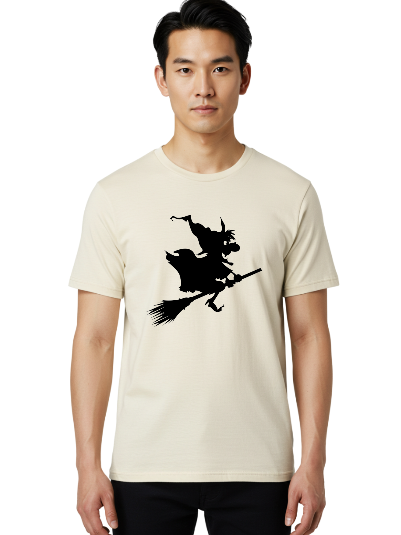 Witch-On-Broomstick Men'S Graphic Tee, 100% Cotton, Comfortable Casual Summer Wear, Machine Washable, Witch On Broomstick, Flying Witch, Halloween Character, Silhouette Art, Magical Creature, Spooky Theme, Mysterious Atmosphere, Aab239 30