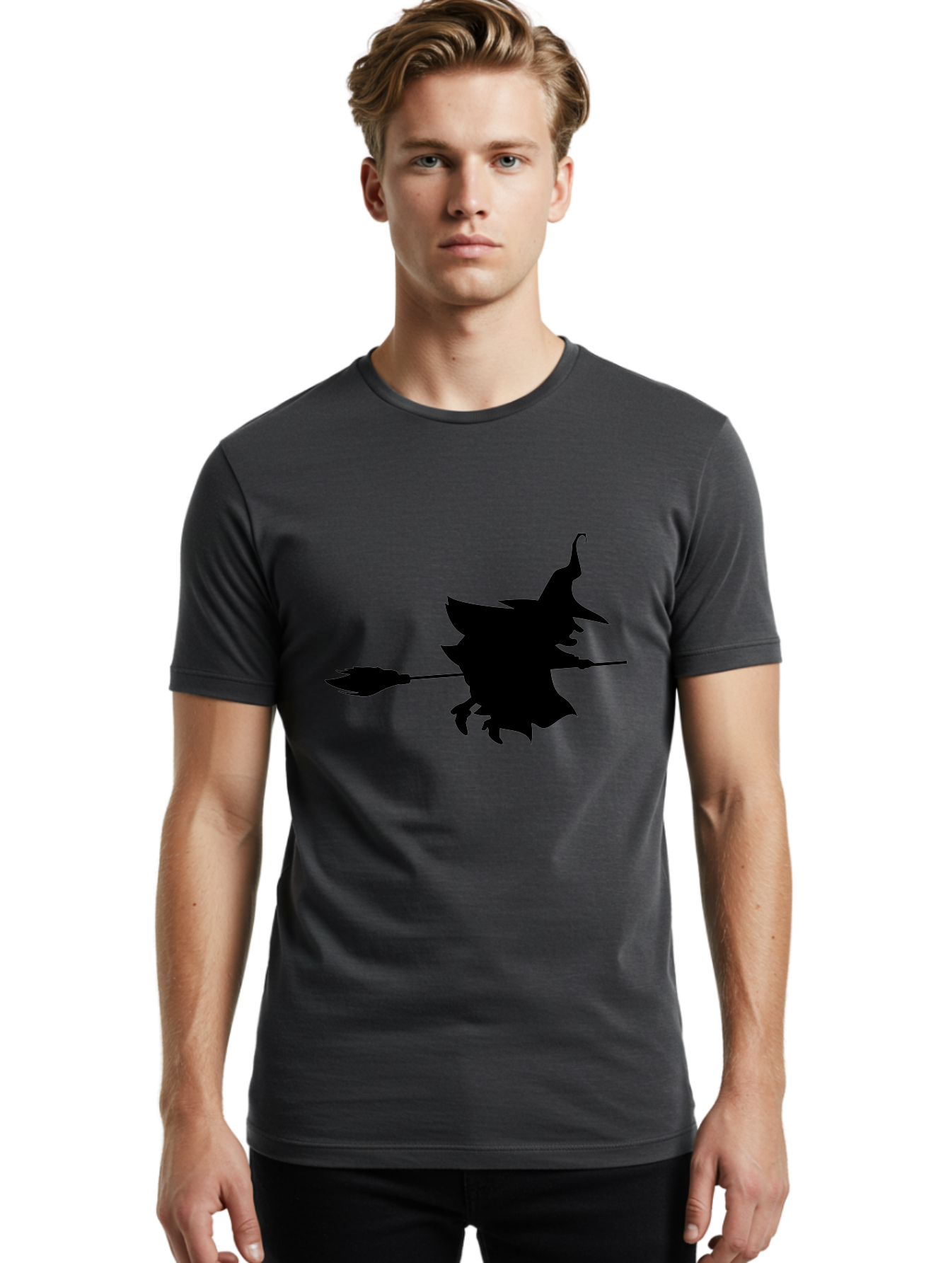 Witch-Silhouette Men'S Graphic Tee, 100% Cotton, Comfortable Casual Summer Wear, Machine Washable, Witch Silhouette, Flying On Broomstick, Halloween Magic, Spooky Atmosphere, Mystical Powers, Flying Witch, Halloween Theme Aab240 10