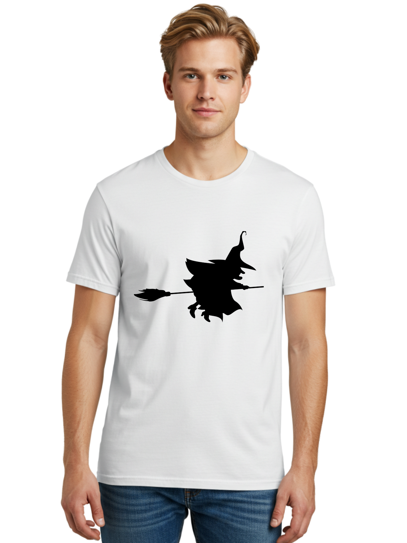 Witch-Silhouette Men'S Graphic Tee, 100% Cotton, Comfortable Casual Summer Wear, Machine Washable, Witch Silhouette, Flying On Broomstick, Halloween Magic, Spooky Atmosphere, Mystical Powers, Flying Witch, Halloween Theme Aab240 12