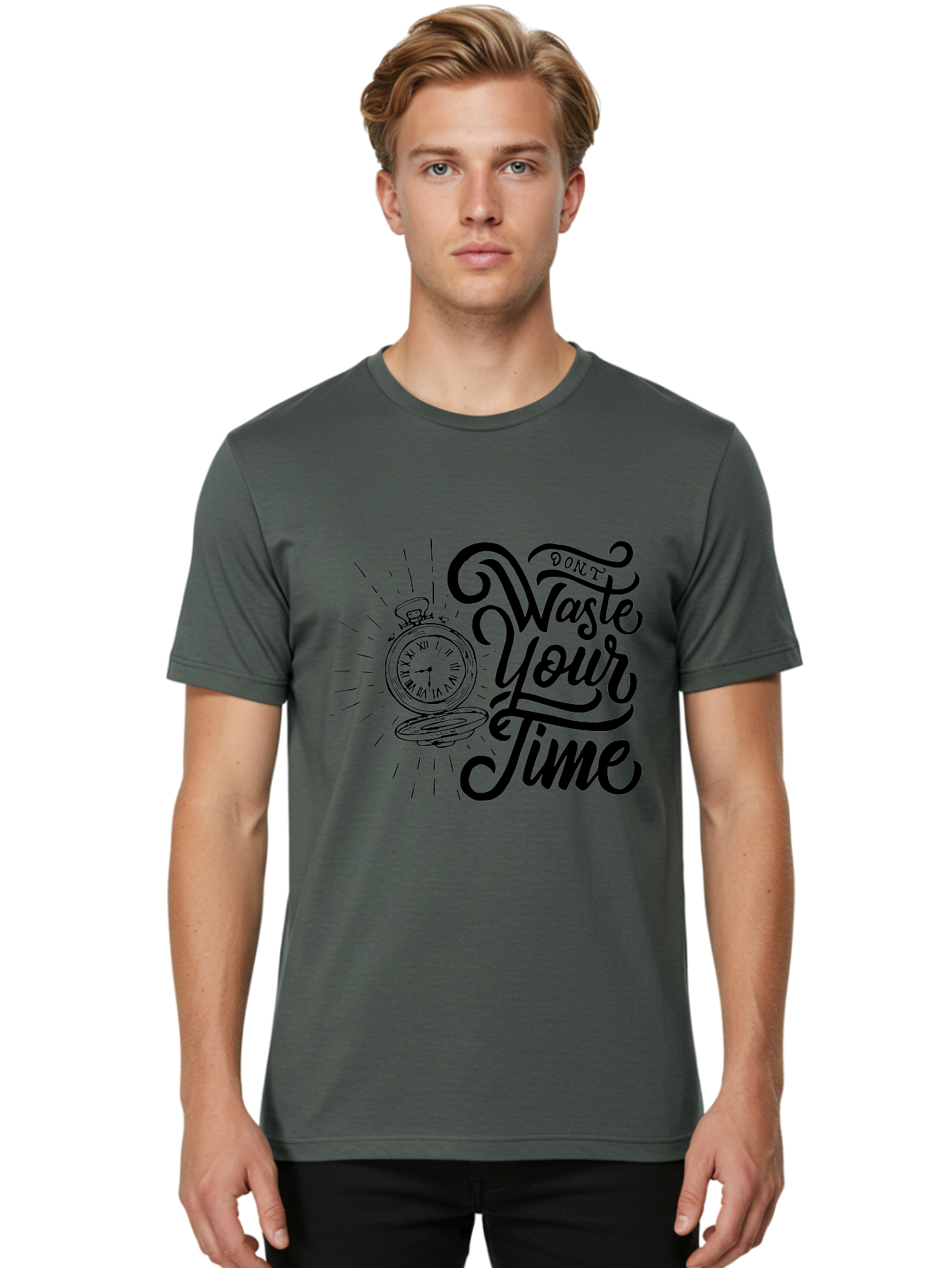 Don-T-Waste-Your-Time Men'S Graphic Tee, 100% Cotton, Comfortable Casual Summer Wear, Machine Washable, Motivational Quote, Pocket Watch, Time Management, Productivity Tips, Inspirational Sayings, Typography Art, Motivational Posters Aab244 4