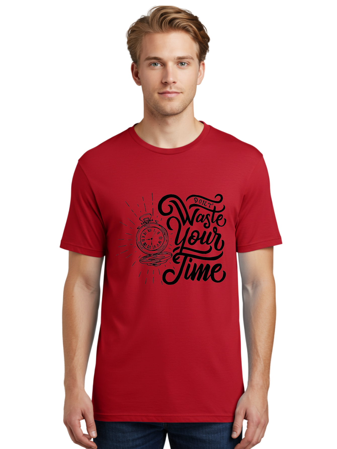 Don-T-Waste-Your-Time Men'S Graphic Tee, 100% Cotton, Comfortable Casual Summer Wear, Machine Washable, Motivational Quote, Pocket Watch, Time Management, Productivity Tips, Inspirational Sayings, Typography Art, Motivational Posters Aab244 24