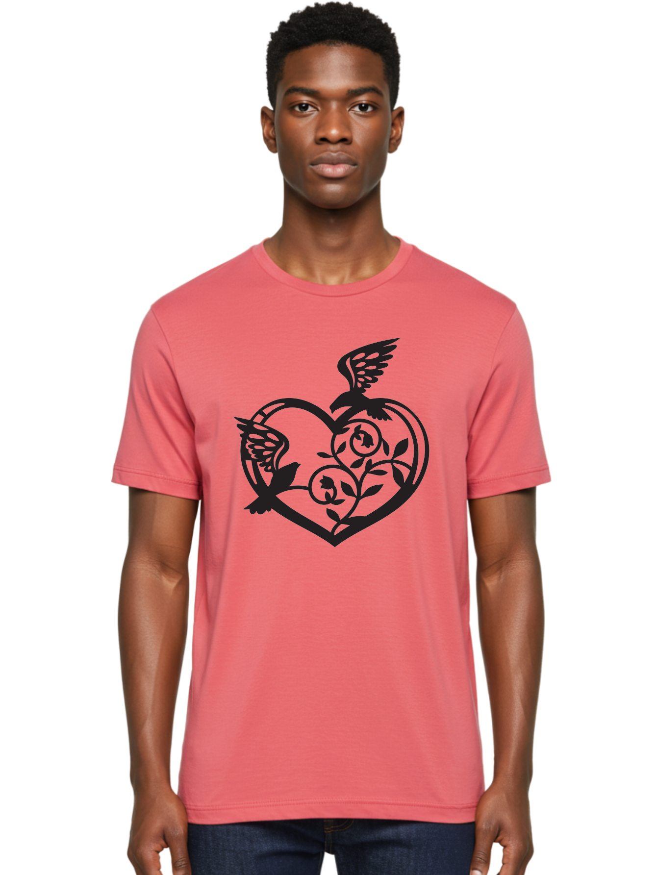 Birds-Heart Men'S Graphic Tee, 100% Cotton, Comfortable Casual Summer Wear, Machine Washable, Two Birds, Flying Birds, Heart Shape, Floral Design, Leafy Patterns, Love Symbol, Romantic Imagery, Bird Silhouettes, Whimsical Art, Elegant Design Aab257 4