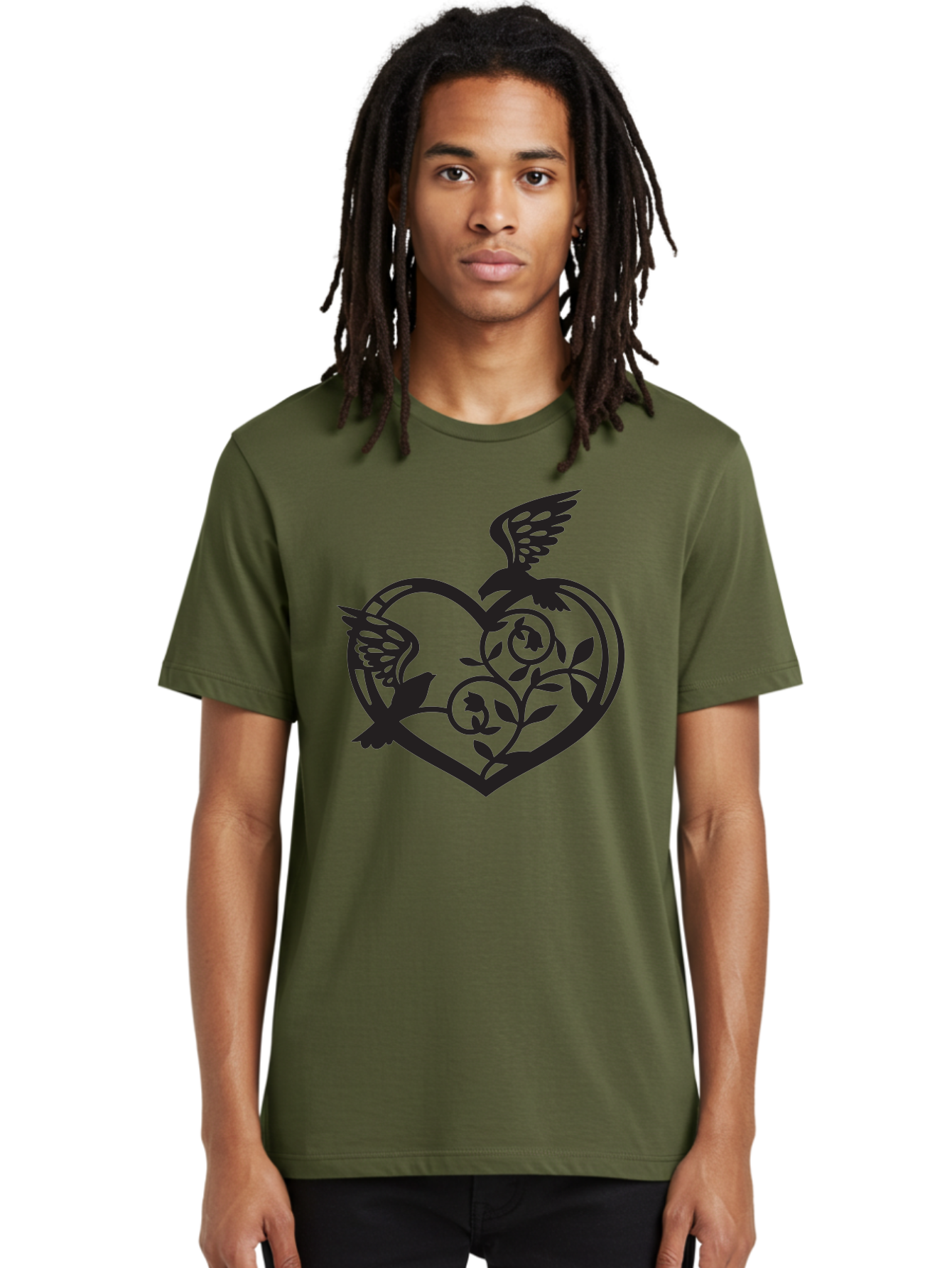 Birds-Heart Men'S Graphic Tee, 100% Cotton, Comfortable Casual Summer Wear, Machine Washable, Two Birds, Flying Birds, Heart Shape, Floral Design, Leafy Patterns, Love Symbol, Romantic Imagery, Bird Silhouettes, Whimsical Art, Elegant Design Aab257 26
