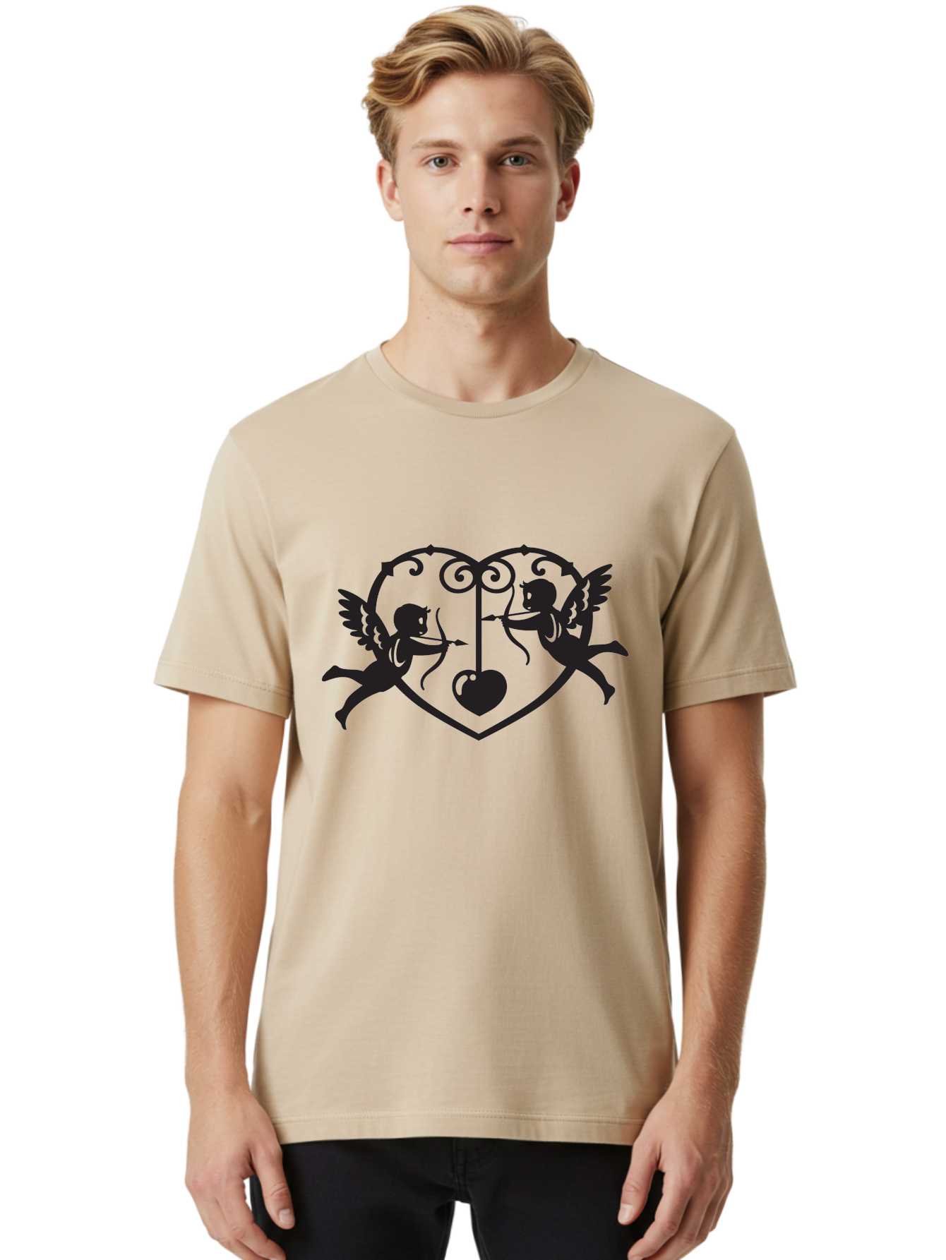 Cupid-Shooting-Arrow-At-Heart Men'S Graphic Tee, 100% Cotton, Comfortable Casual Summer Wear, Machine Washable, Cupid Shooting Arrows, Love Heart, Symbol Of Love, Romantic Icon, Valentine'S Day Theme, Cherub With Bow And Arrow, Aab263 28