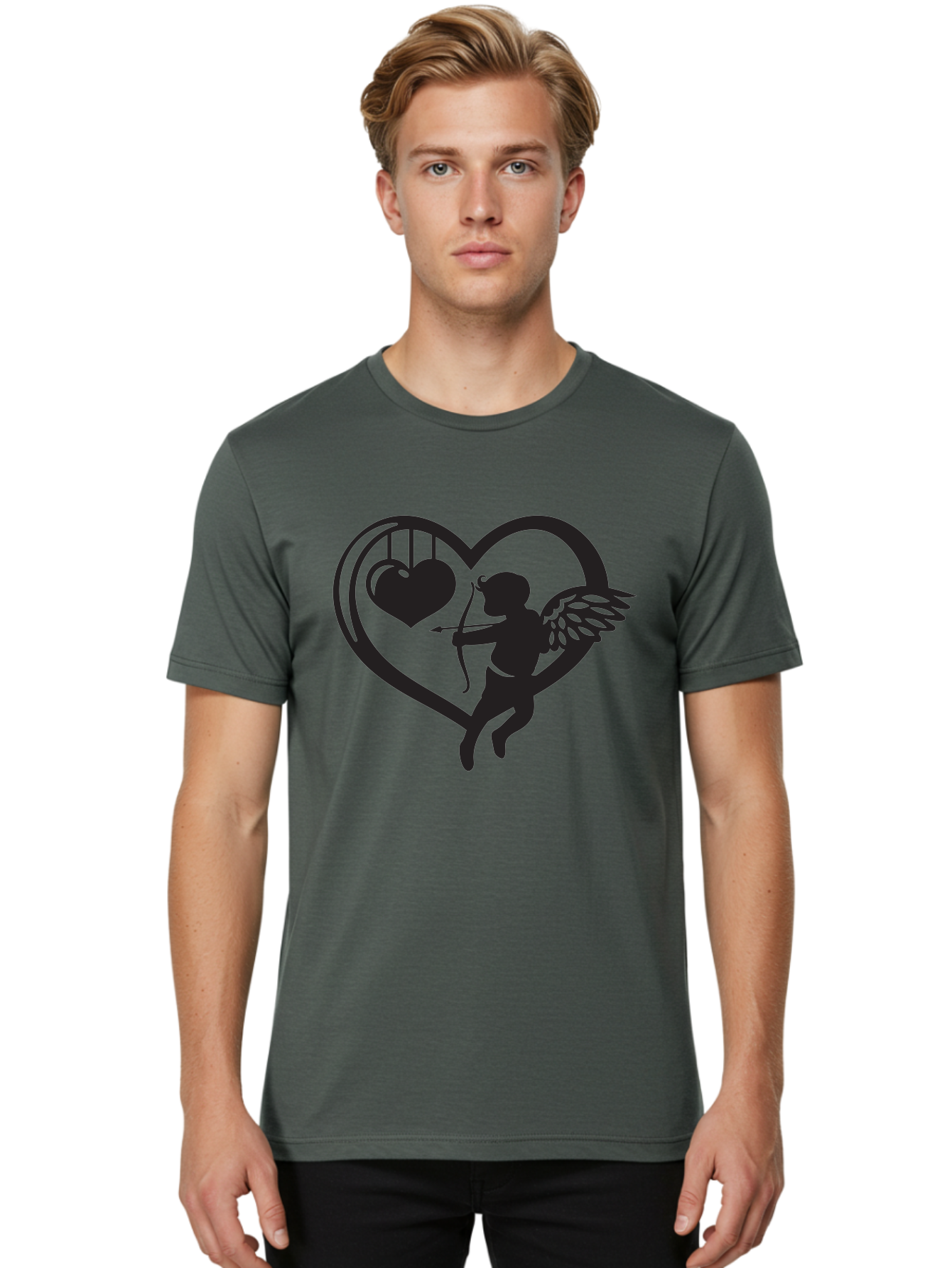 Cupid-With-Bow-And-Arrow Men'S Graphic Tee, 100% Cotton, Comfortable Casual Summer Wear, Machine Washable, Cupid Shooting Arrow, Heart Shape, Love Symbol, Romantic Gesture, Arrow And Heart, Valentine'S Day Icon, Cherub With Bow Aab264 2
