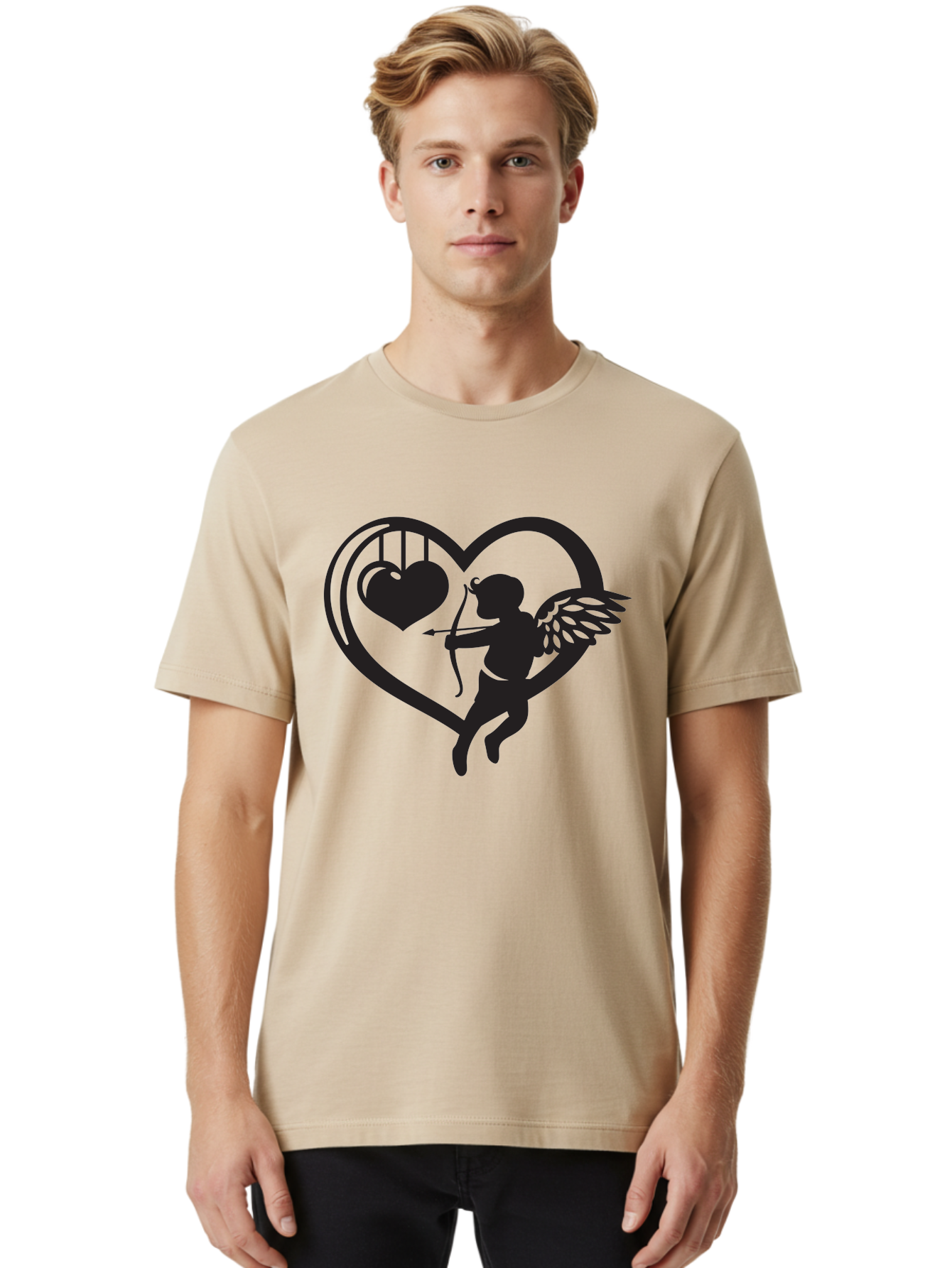 Cupid-With-Bow-And-Arrow Men'S Graphic Tee, 100% Cotton, Comfortable Casual Summer Wear, Machine Washable, Cupid Shooting Arrow, Heart Shape, Love Symbol, Romantic Gesture, Arrow And Heart, Valentine'S Day Icon, Cherub With Bow Aab264 16
