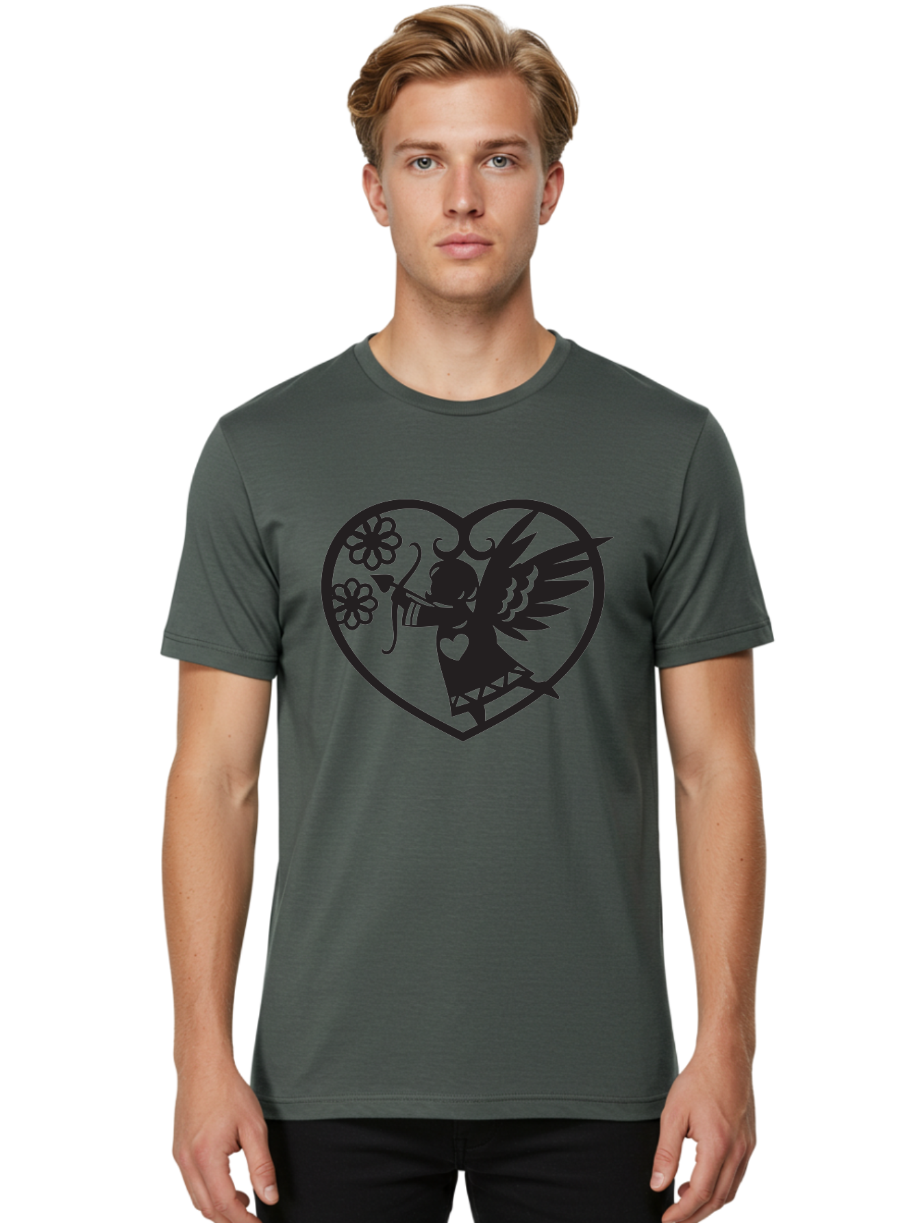 Cupid-With-Flowers Men'S Graphic Tee, 100% Cotton, Comfortable Casual Summer Wear, Machine Washable, Cupid With Bow And Arrow, Love Symbol, Valentines Day Icon, Heart Shaped Frame, Floral Elements, Romance And Love, Cherub With Wings Aab265 4