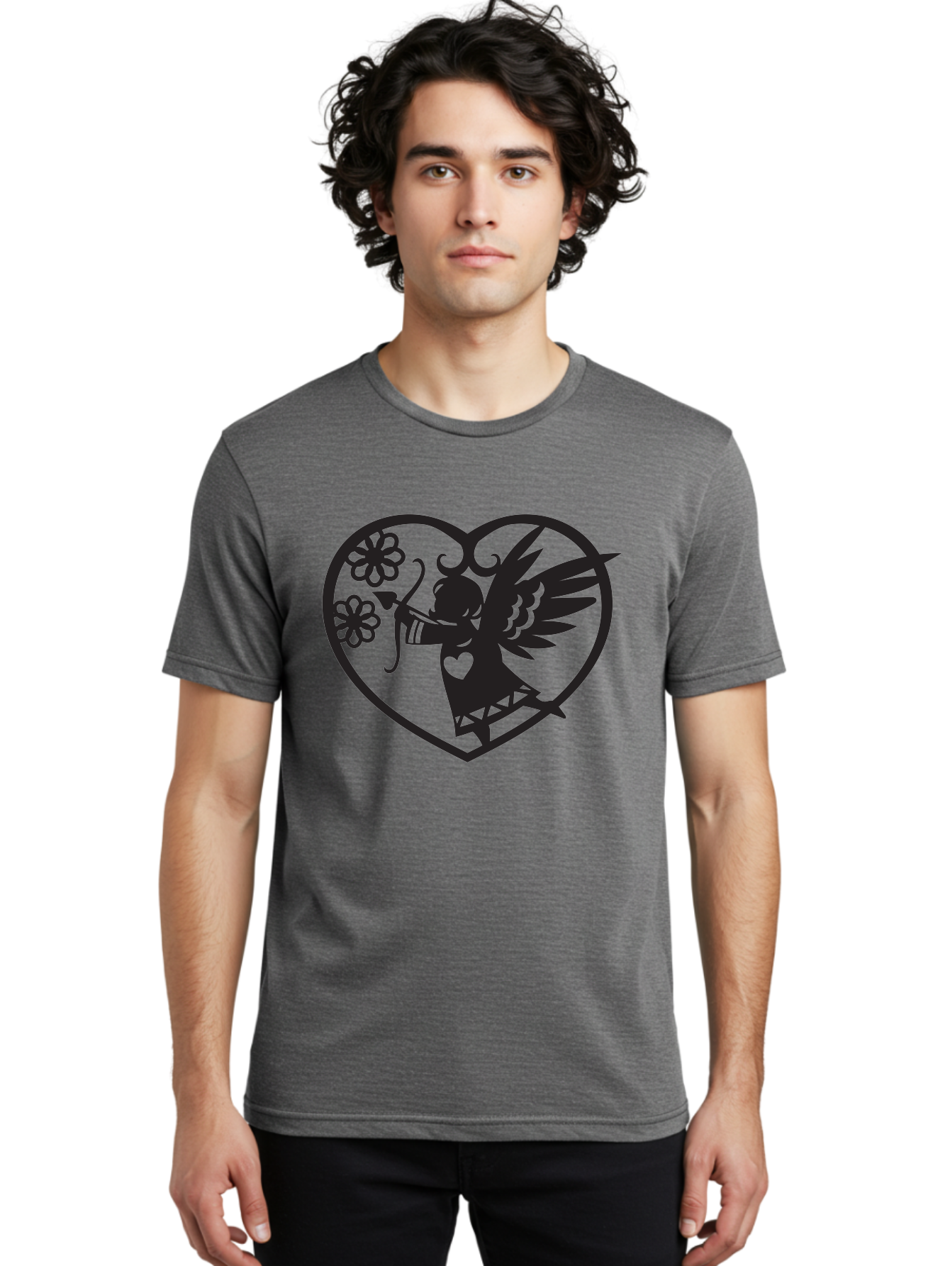 Cupid-With-Flowers Men'S Graphic Tee, 100% Cotton, Comfortable Casual Summer Wear, Machine Washable, Cupid With Bow And Arrow, Love Symbol, Valentines Day Icon, Heart Shaped Frame, Floral Elements, Romance And Love, Cherub With Wings Aab265 10