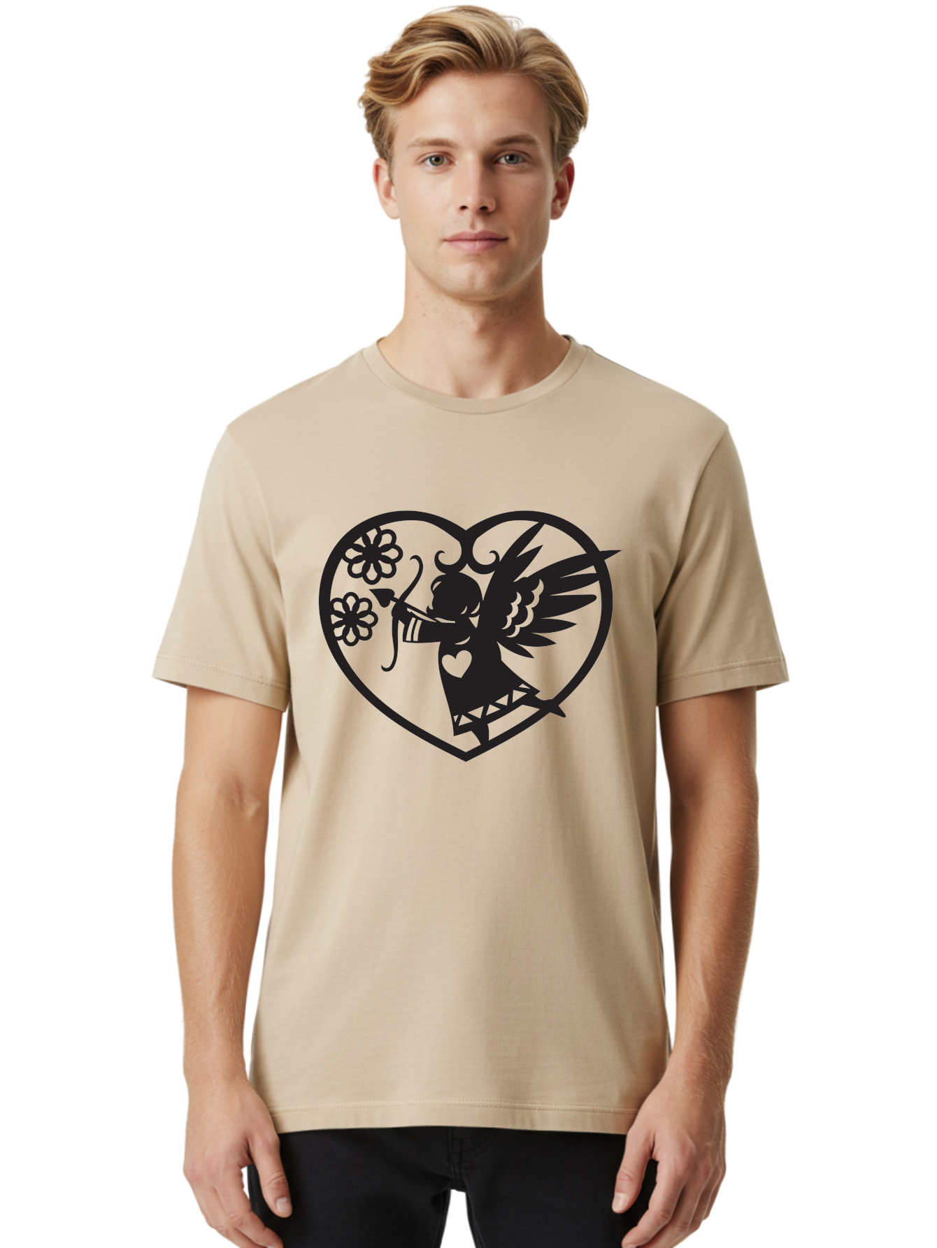 Cupid-With-Flowers Men'S Graphic Tee, 100% Cotton, Comfortable Casual Summer Wear, Machine Washable, Cupid With Bow And Arrow, Love Symbol, Valentines Day Icon, Heart Shaped Frame, Floral Elements, Romance And Love, Cherub With Wings Aab265 28