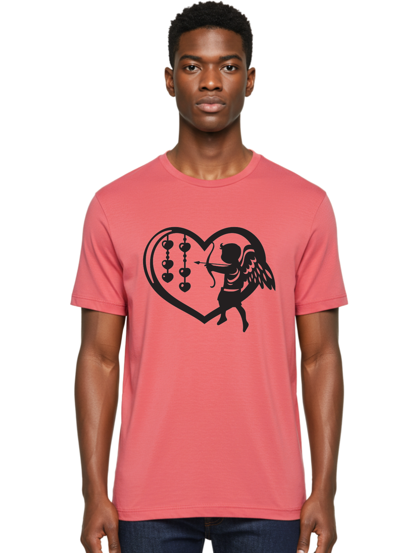 Cupid-With-Heart-Shaped-Necklace Men'S Graphic Tee, 100% Cotton, Comfortable Casual Summer Wear, Machine Washable, Cupid Shooting Arrow, Heart-Shaped Frame, Love Symbol, Valentine'S Day Theme, Romantic Gesture, Heart Beads, Winged Cherub Aab266 6
