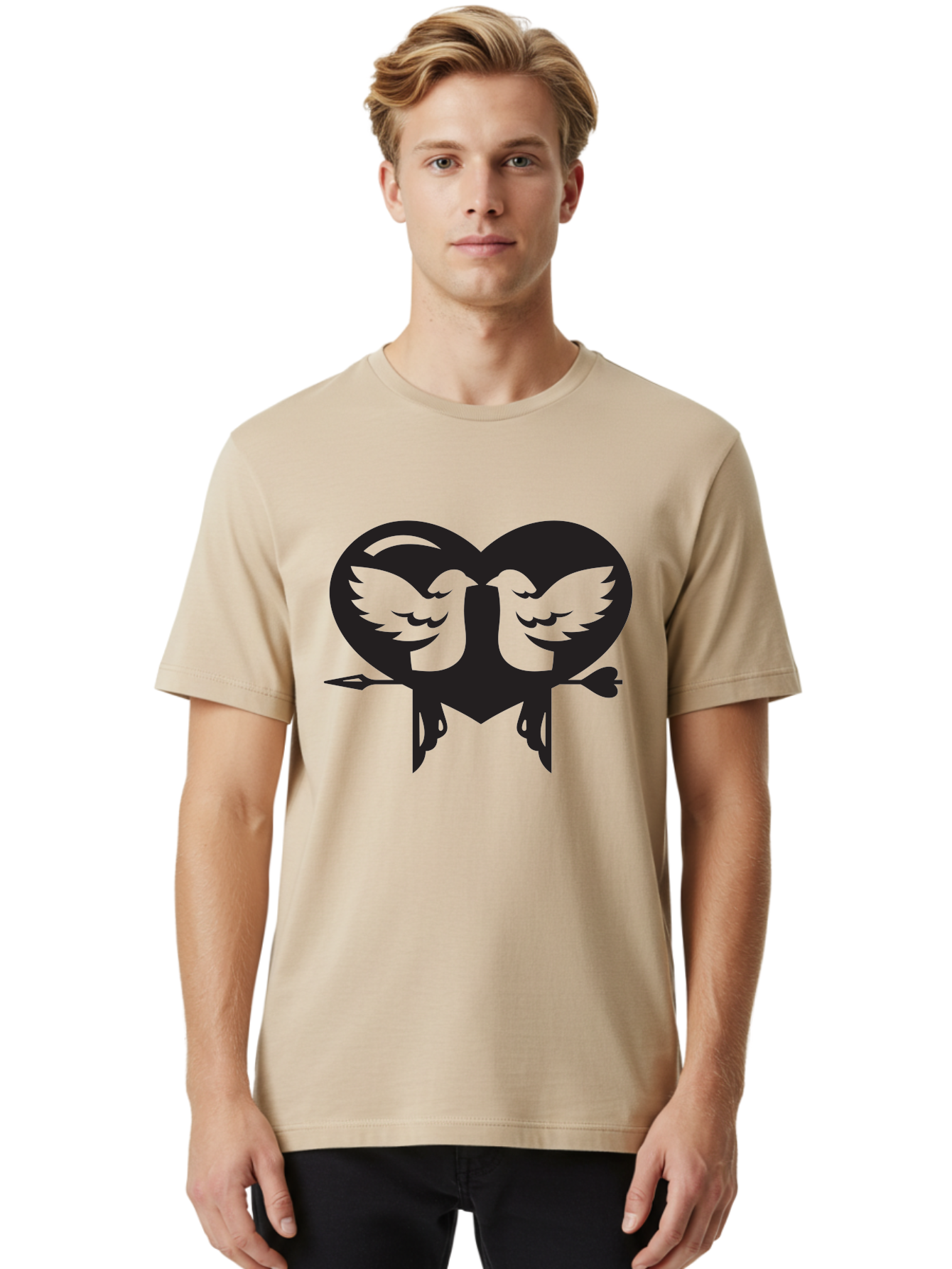 Cupid Men'S Graphic Tee, 100% Cotton, Comfortable Casual Summer Wear, Machine Washable, Heart Shape, Swallows Silhouette, Doves, Birds In Love, Arrow Through Heart, Love Symbol, Romantic Gesture, Tender Moment, Heartwarming Scene, Bird Art, Aab267 24